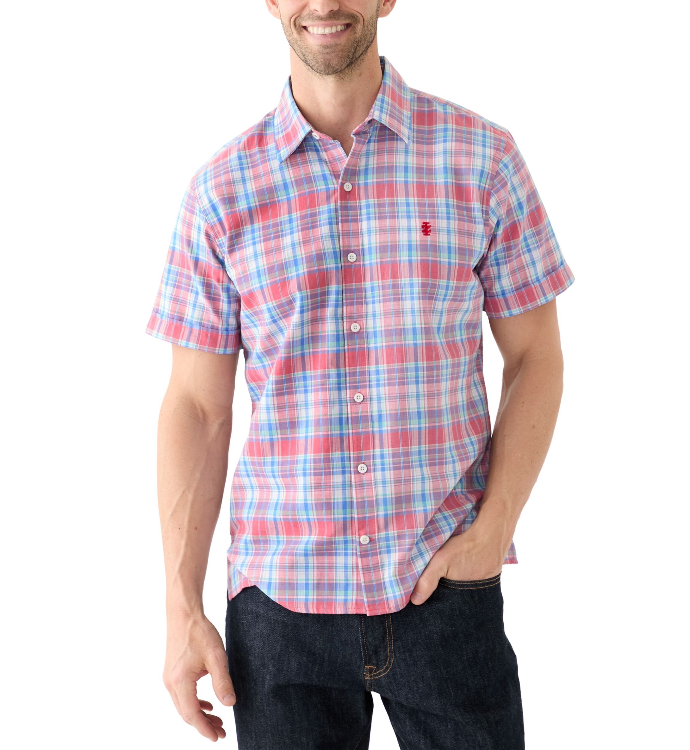 Short Sleeve Madras Plaid Printed Linen Shirt