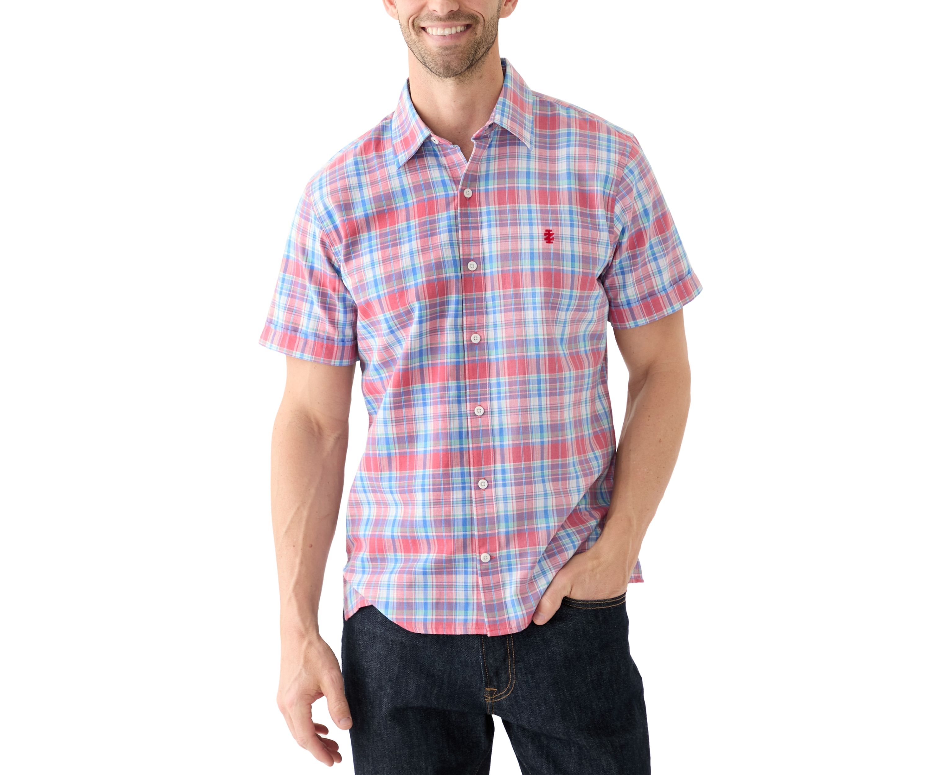 Short Sleeve Madras Plaid Printed Linen Shirt