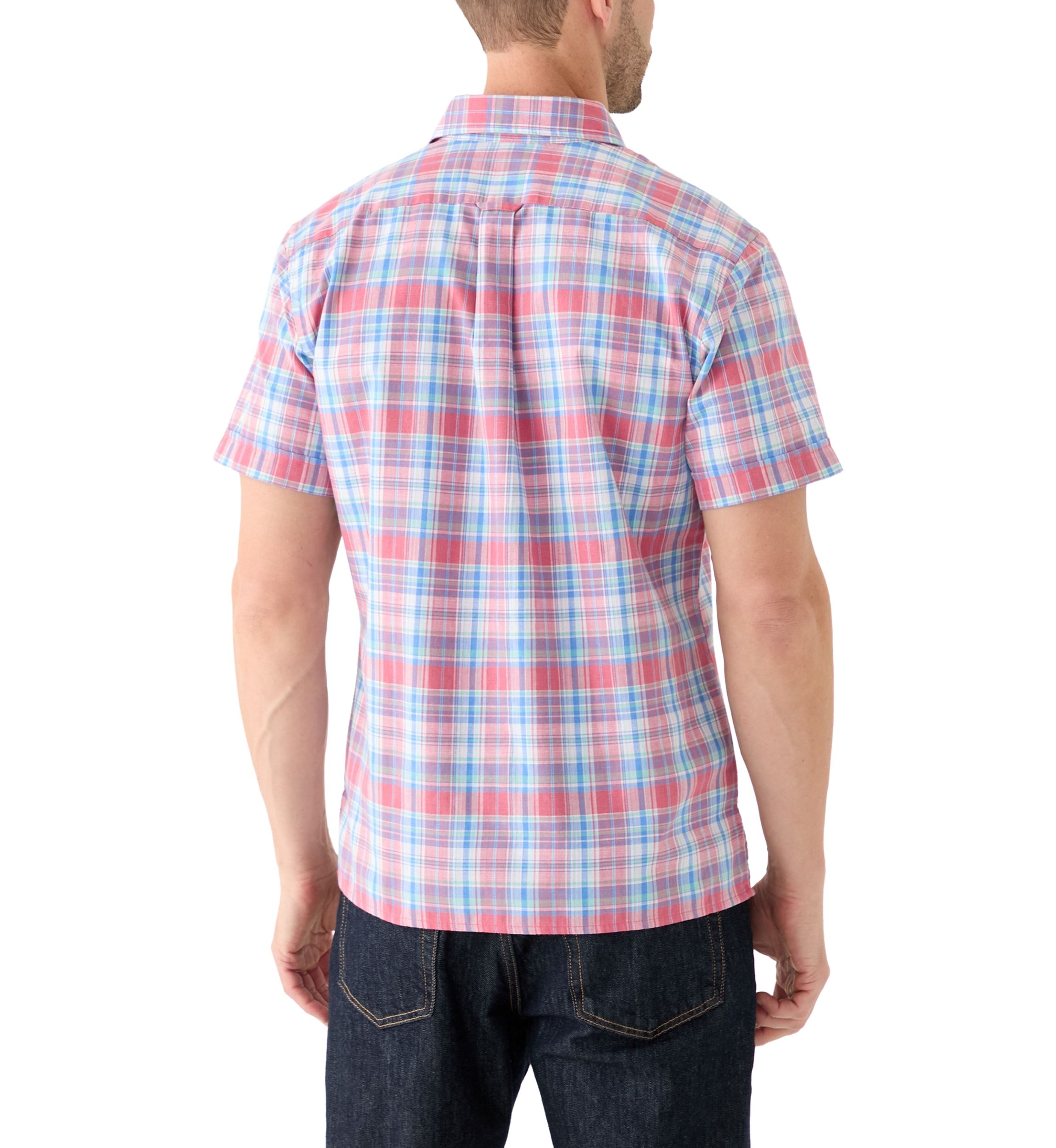 Short Sleeve Madras Plaid Printed Linen Shirt