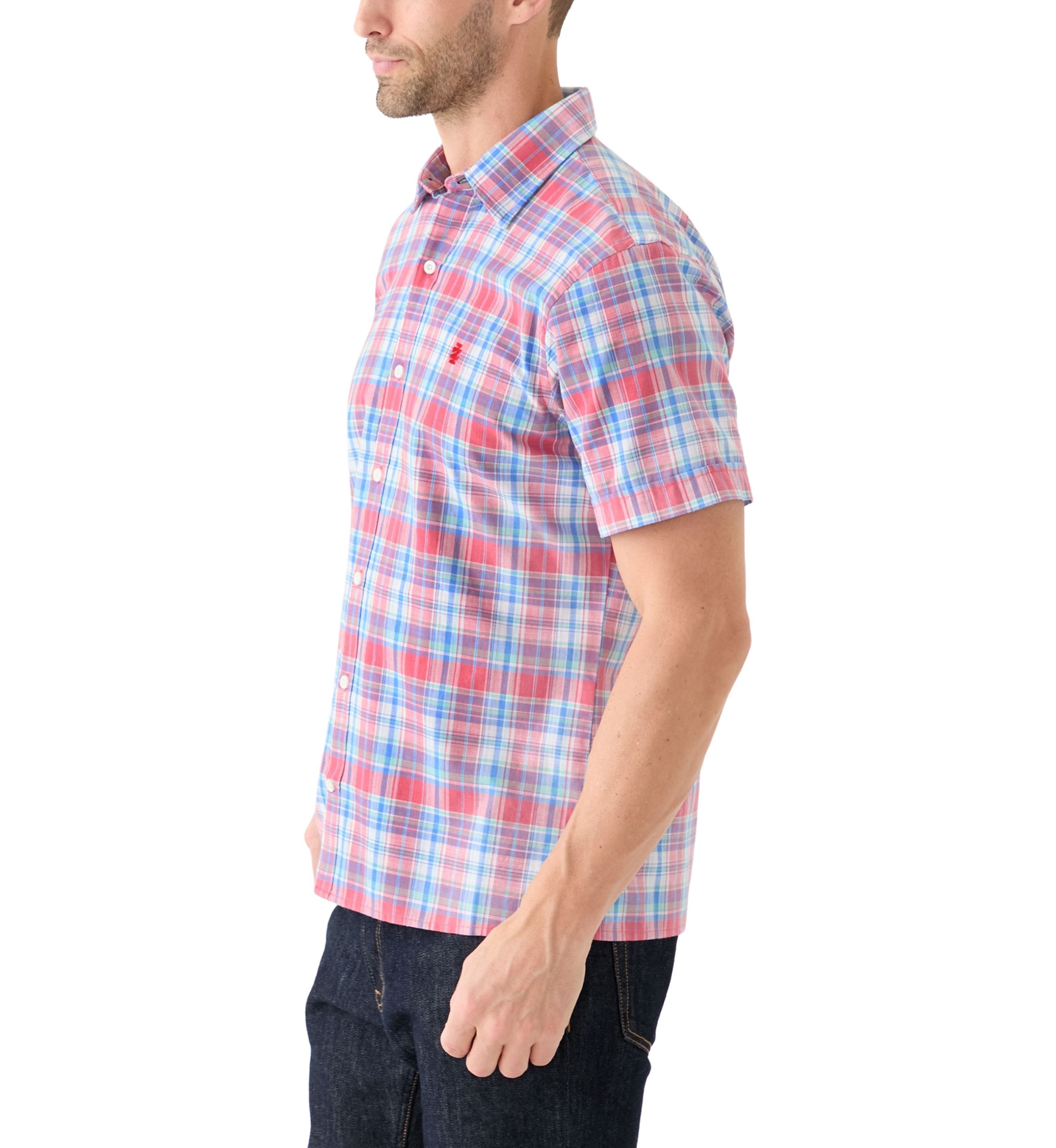 Short Sleeve Madras Plaid Printed Linen Shirt