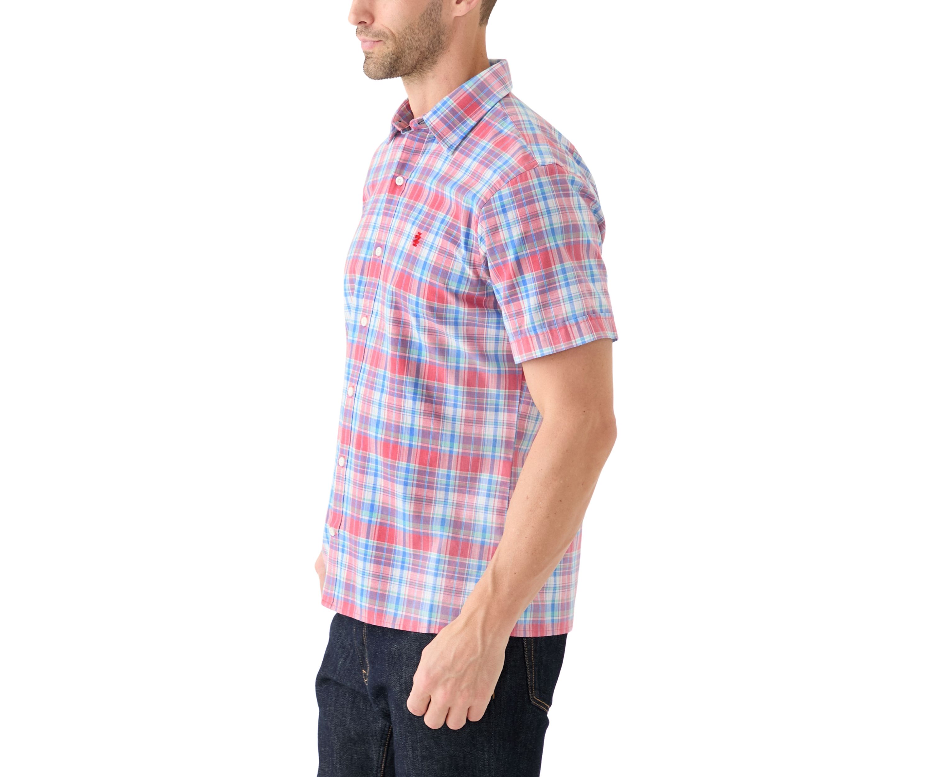 Short Sleeve Madras Plaid Printed Linen Shirt