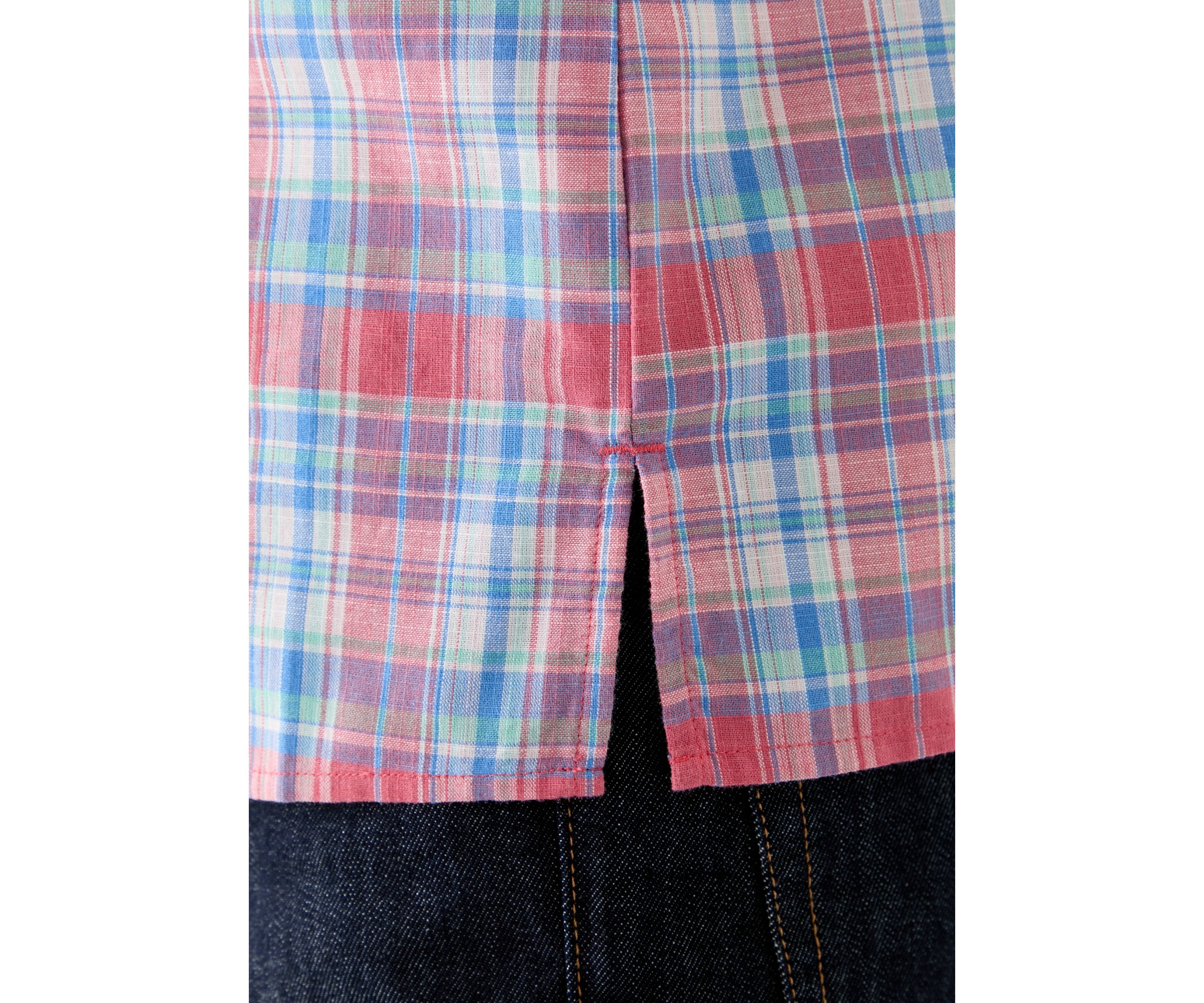 Short Sleeve Madras Plaid Printed Linen Shirt