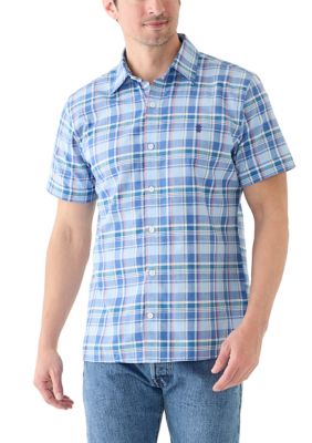 IZOD Men's Short Sleeve Madras Plaid Linen Shirt, Blue, Medium
