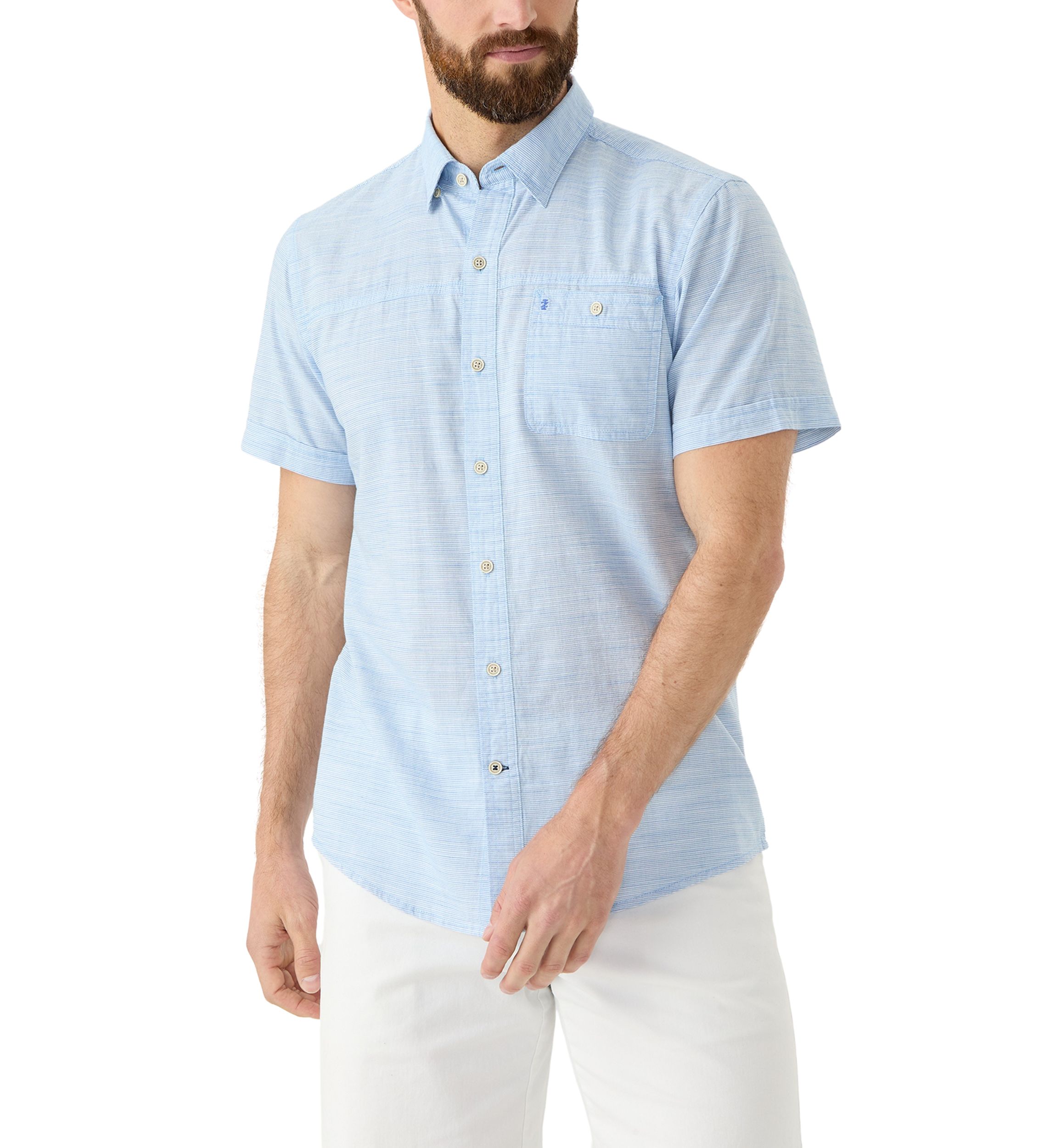 Short Sleeve Dockside Chambray Stripe Button Up Shirt 