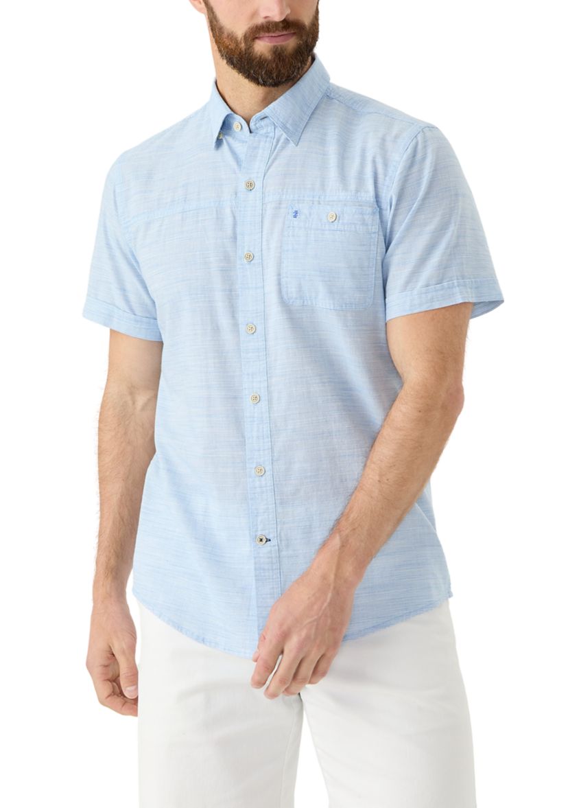 Short Sleeve Dockside Chambray Stripe Button Up Shirt 