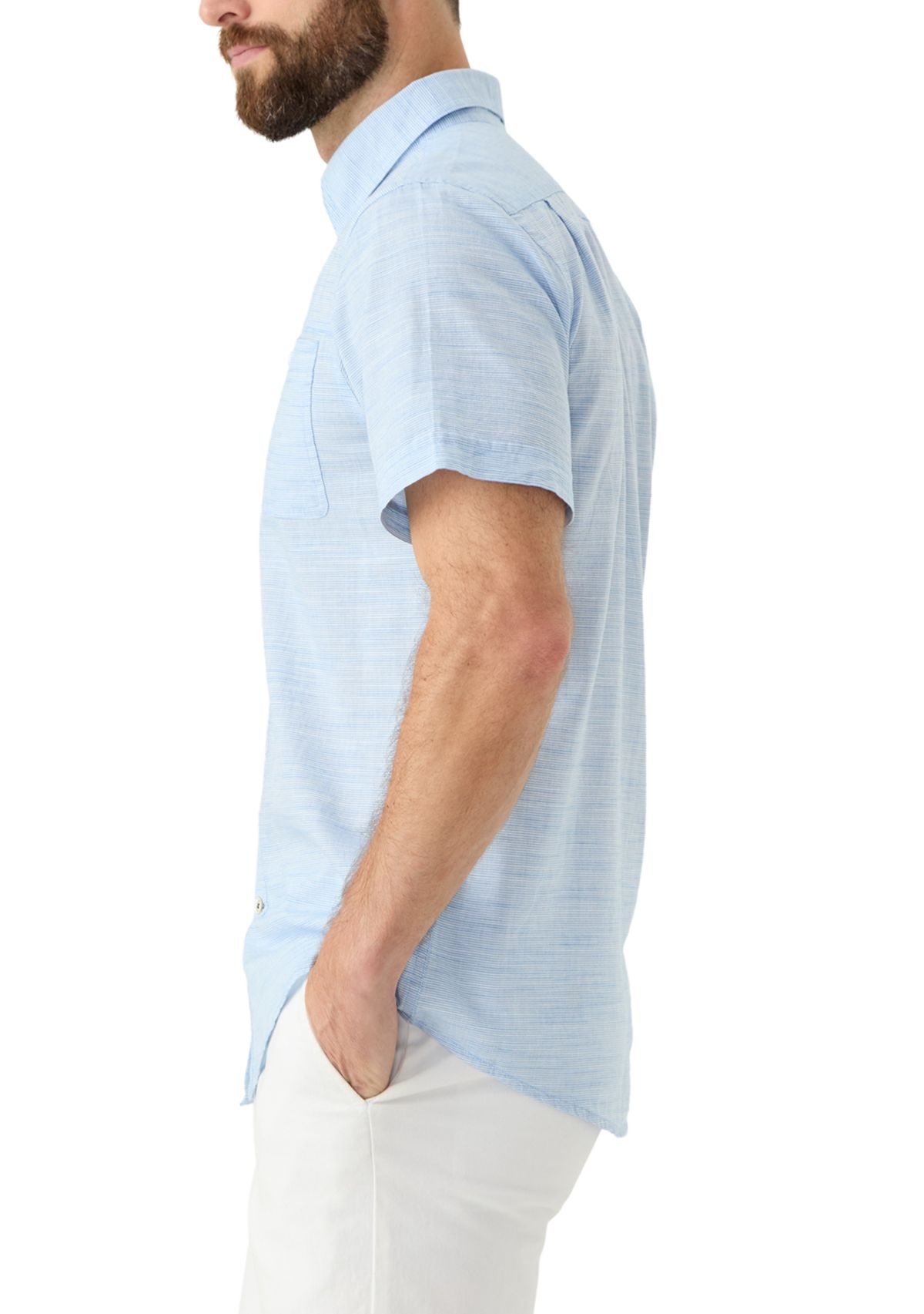Short Sleeve Dockside Chambray Stripe Button Up Shirt 