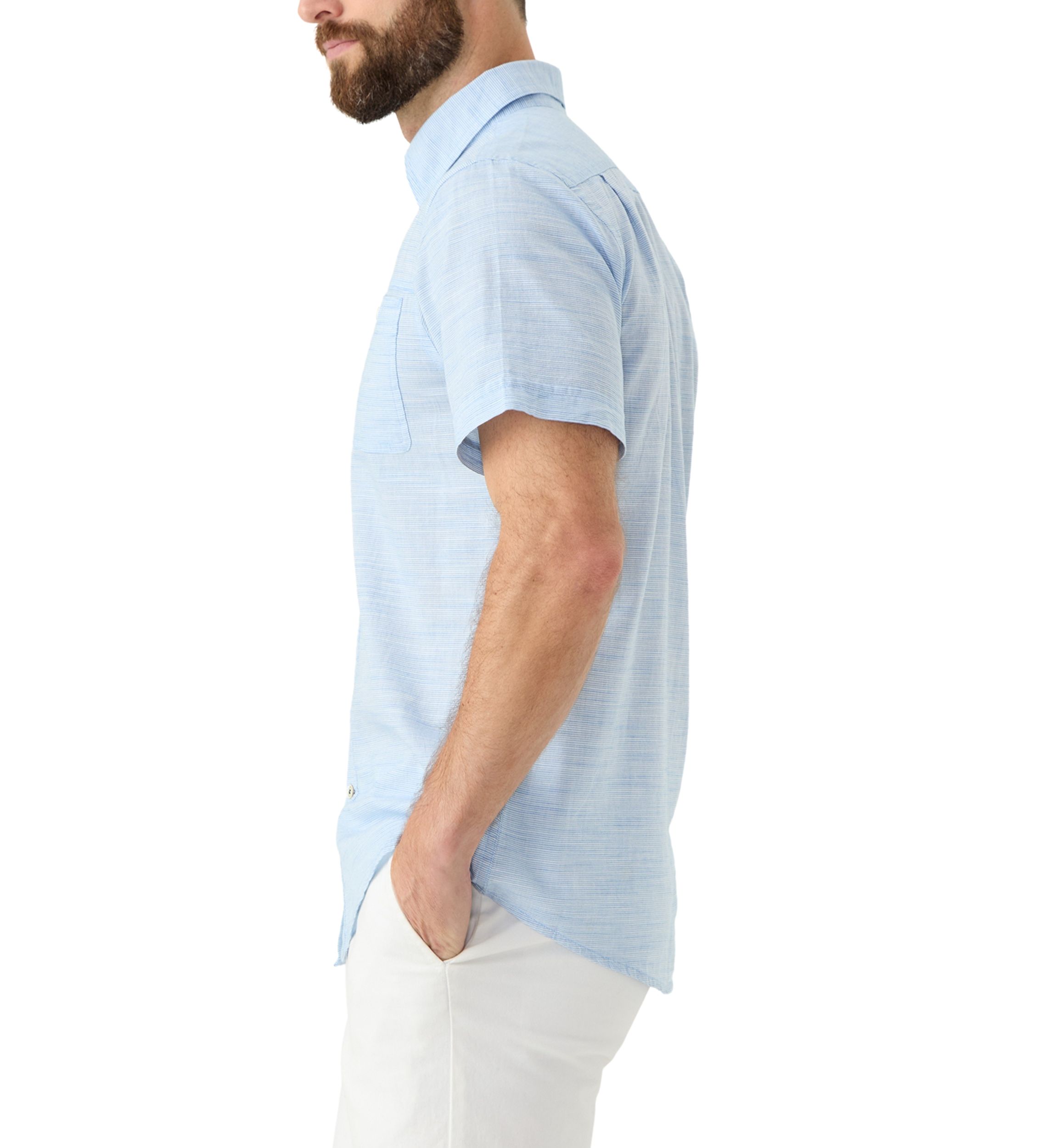 Short Sleeve Dockside Chambray Stripe Button Up Shirt 