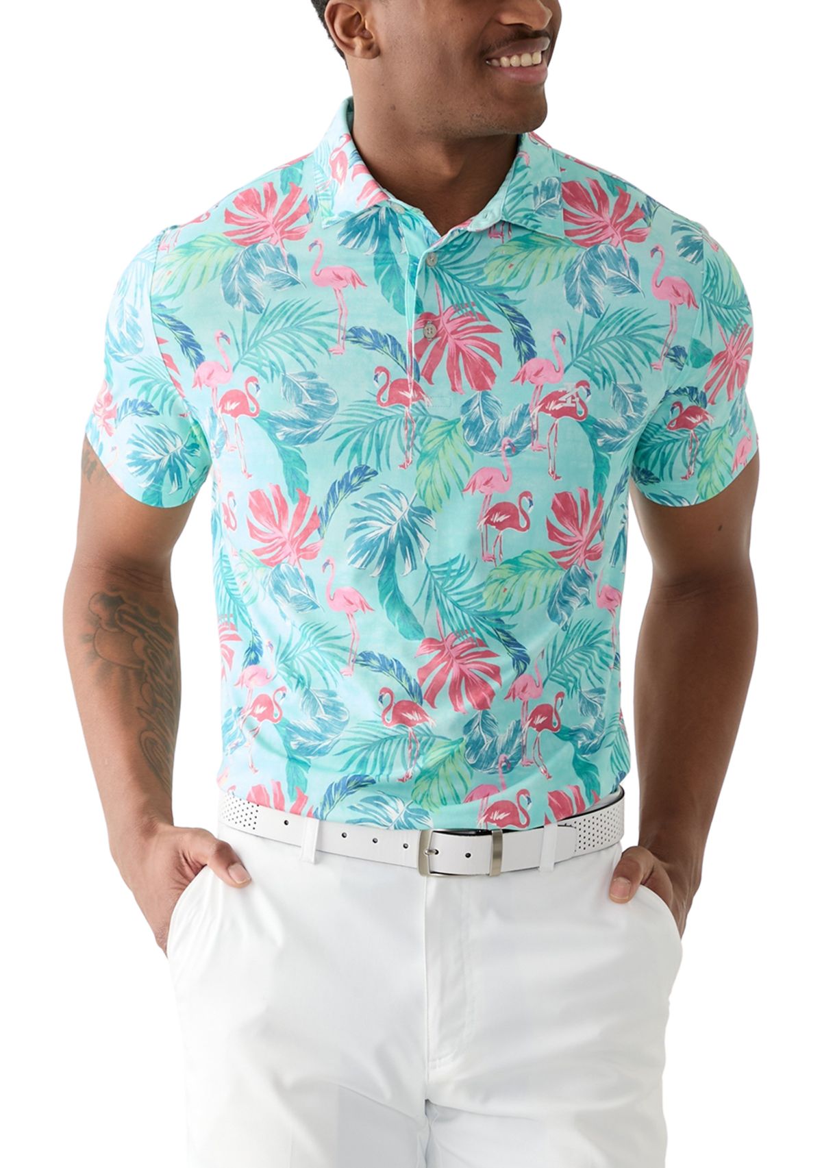 Short Sleeve Tropical Floral Print Polo Shirt 