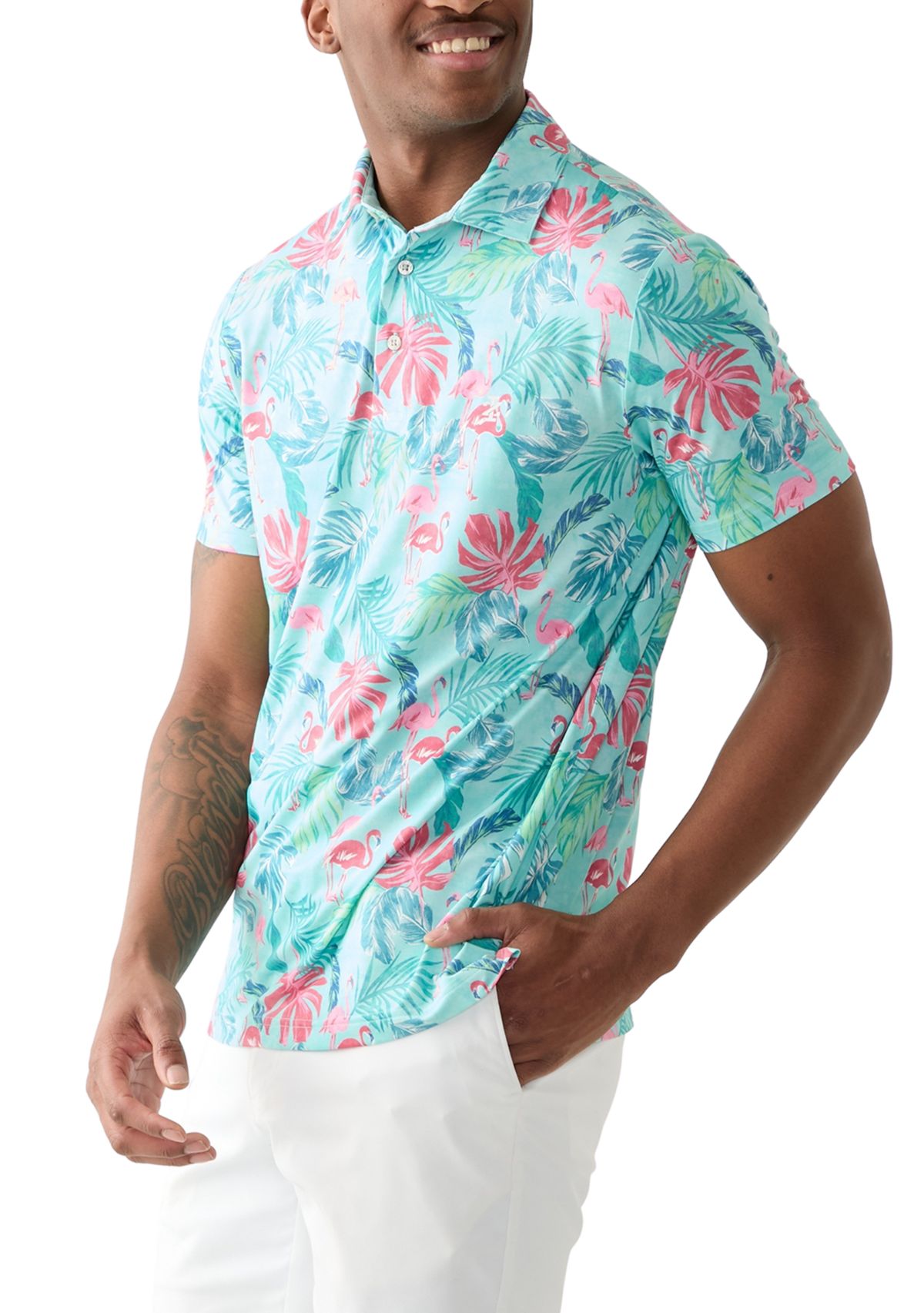 Short Sleeve Tropical Floral Print Polo Shirt 