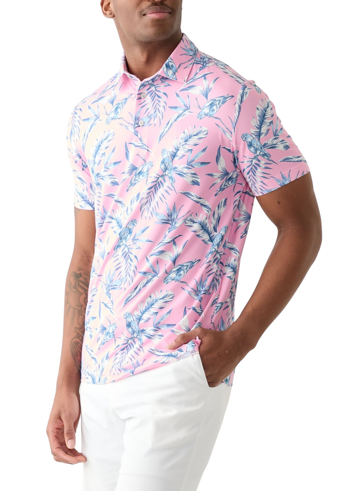 Short Sleeve Tropical Print Polo Shirt 