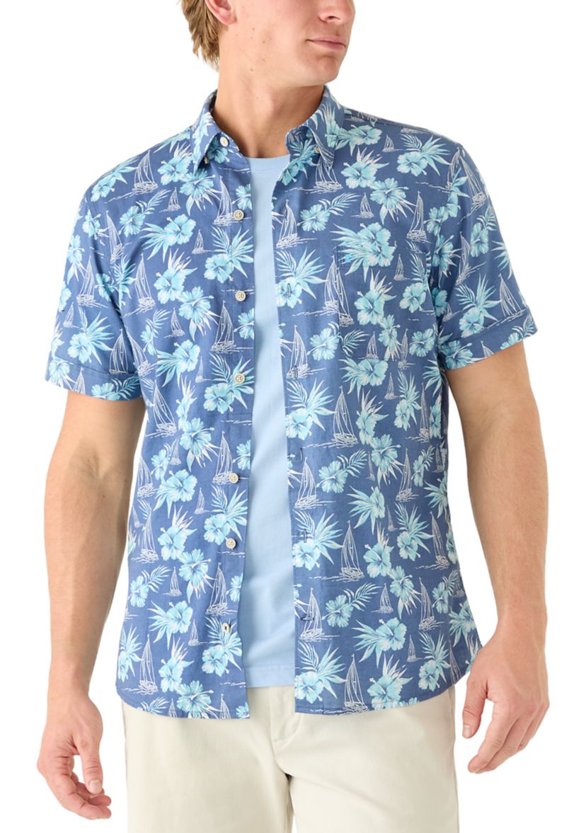 Dockside Chambray S/S Printed Button-Down Shirt - Vallarta Blue