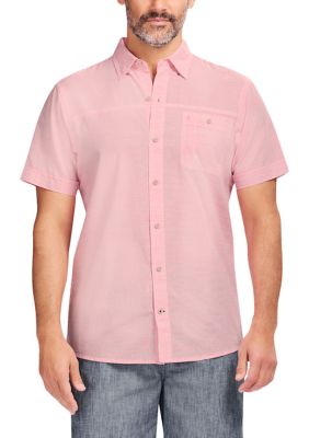 IZOD Men's Dockside Short Sleeve Chambray Striped Shirt, Pink, 2XL
