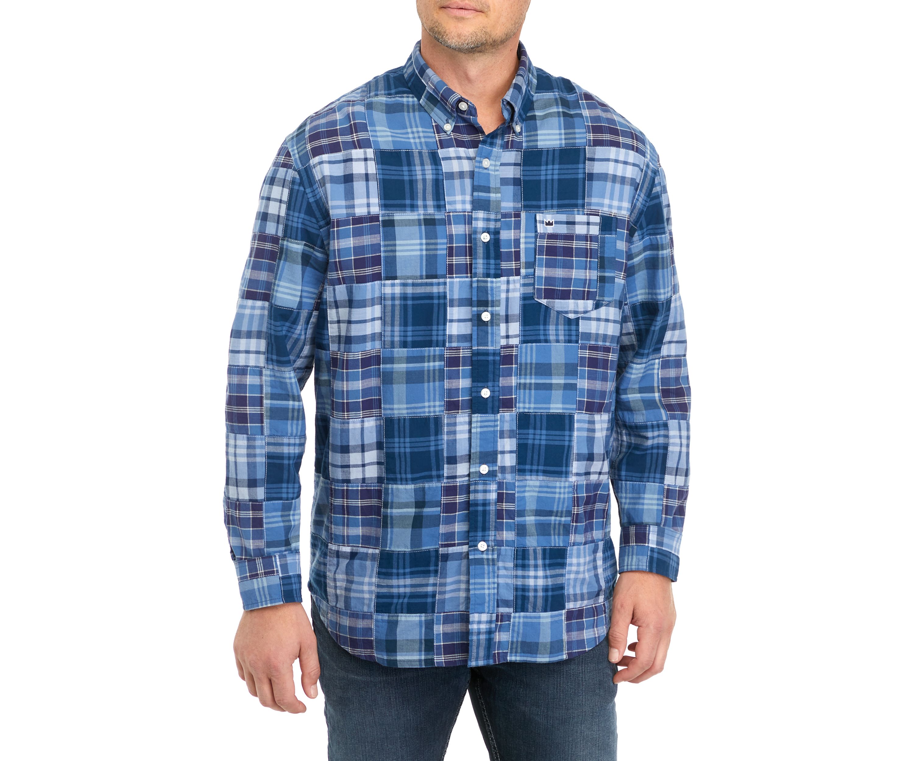 Long Sleeve Woven Plaid Patch Print Shirt 
