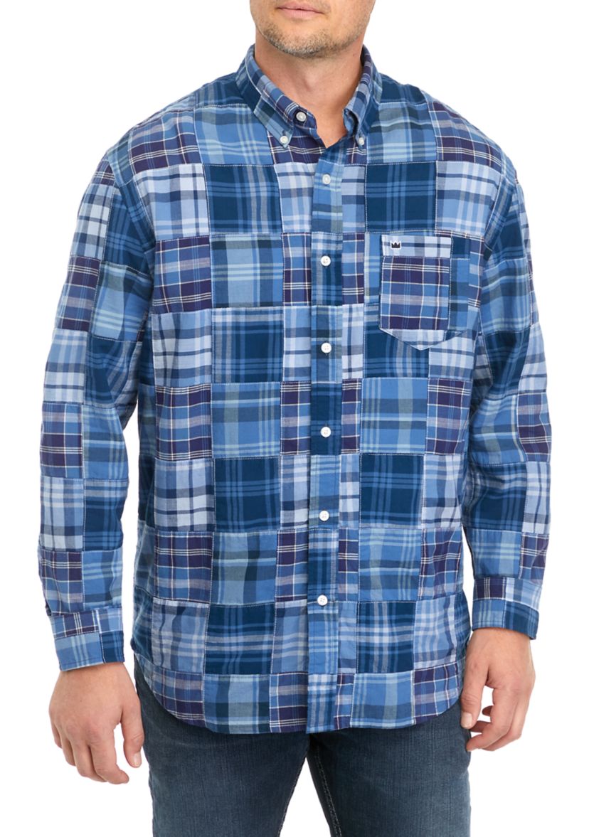 Long Sleeve Woven Plaid Patch Print Shirt 