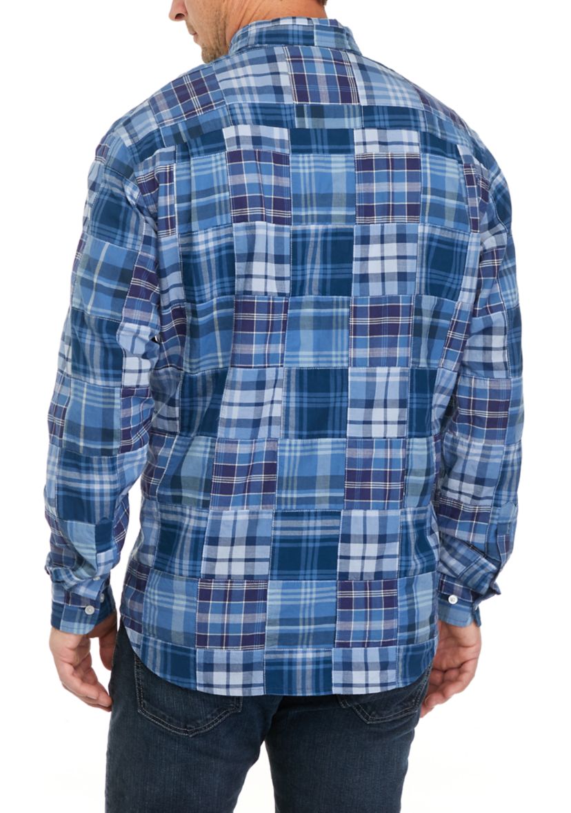 Long Sleeve Woven Plaid Patch Print Shirt 