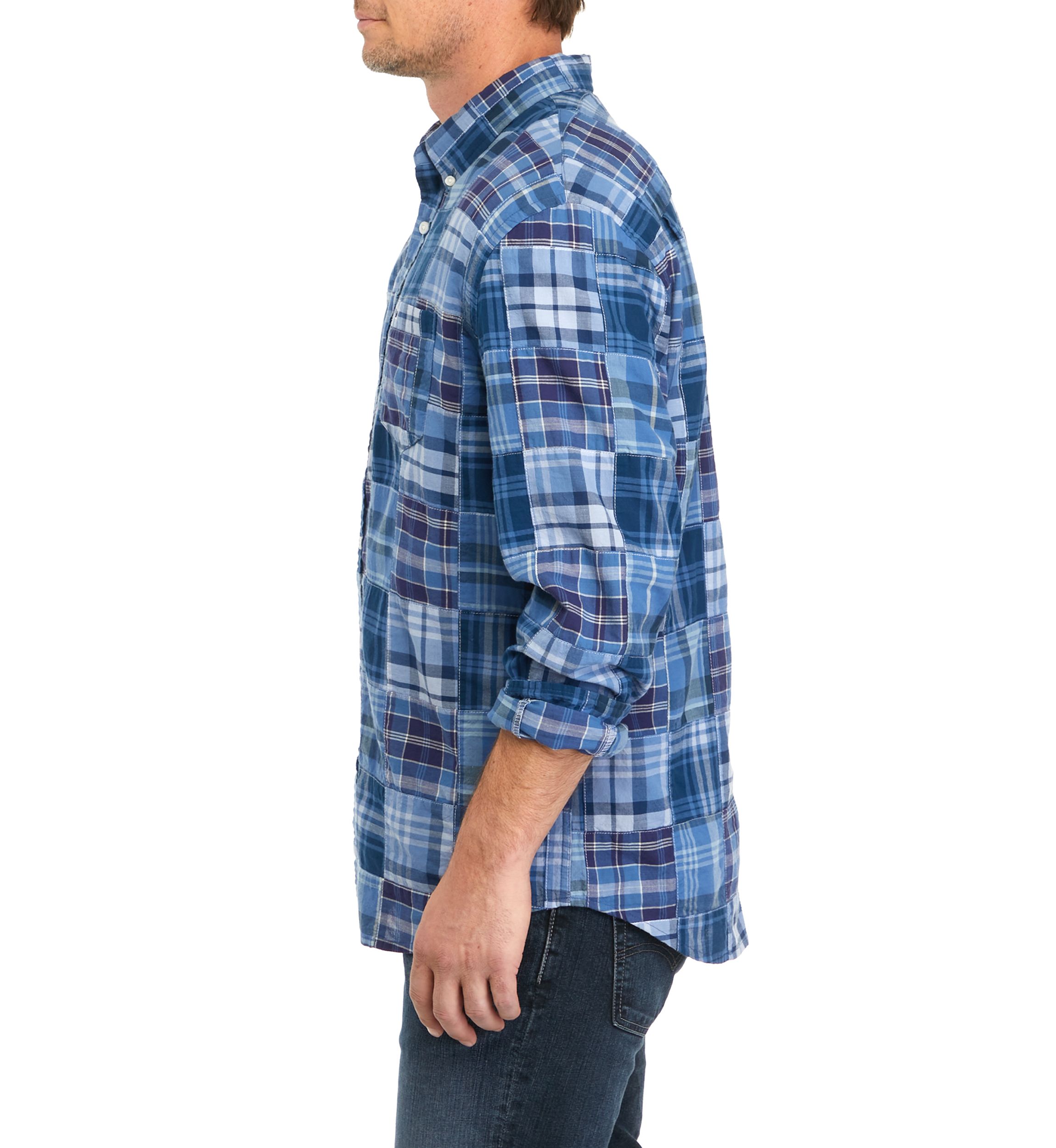 Long Sleeve Woven Plaid Patch Print Shirt 