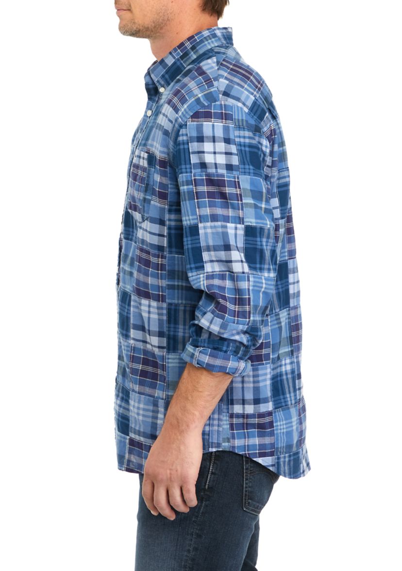 Long Sleeve Woven Plaid Patch Print Shirt 