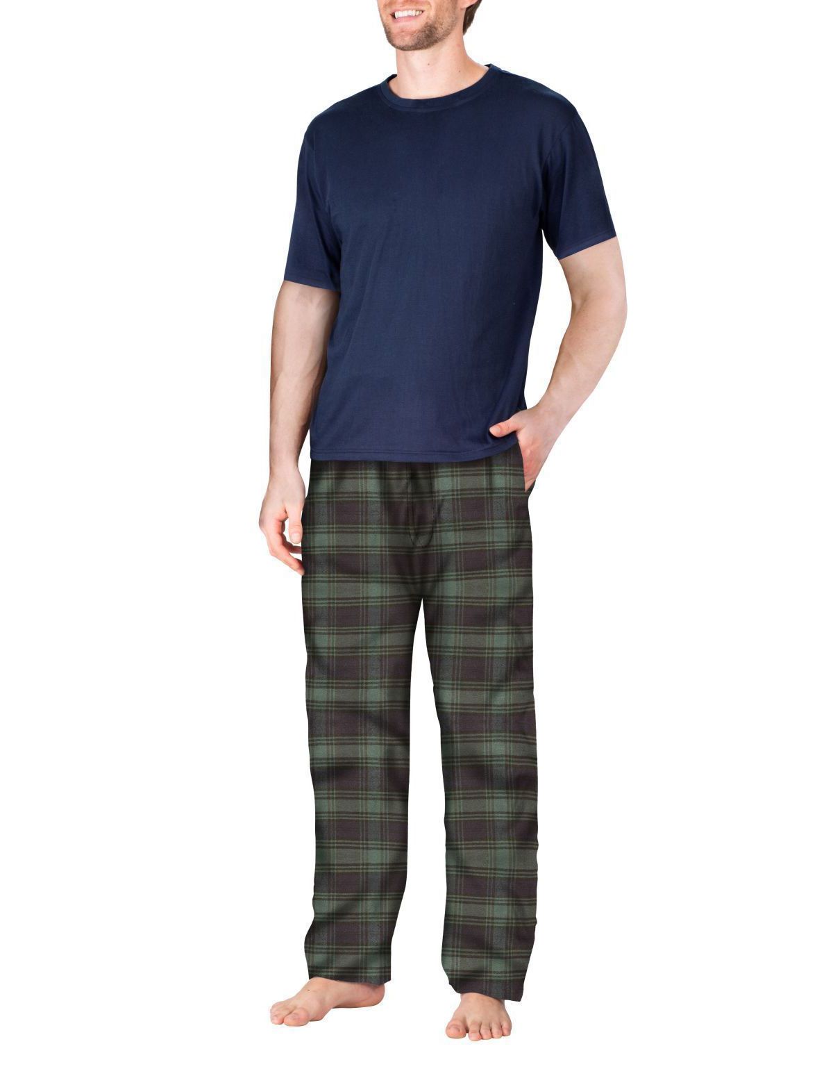 Short Sleeve Flannel Pajama Set Navy with Green and Navy Plaid