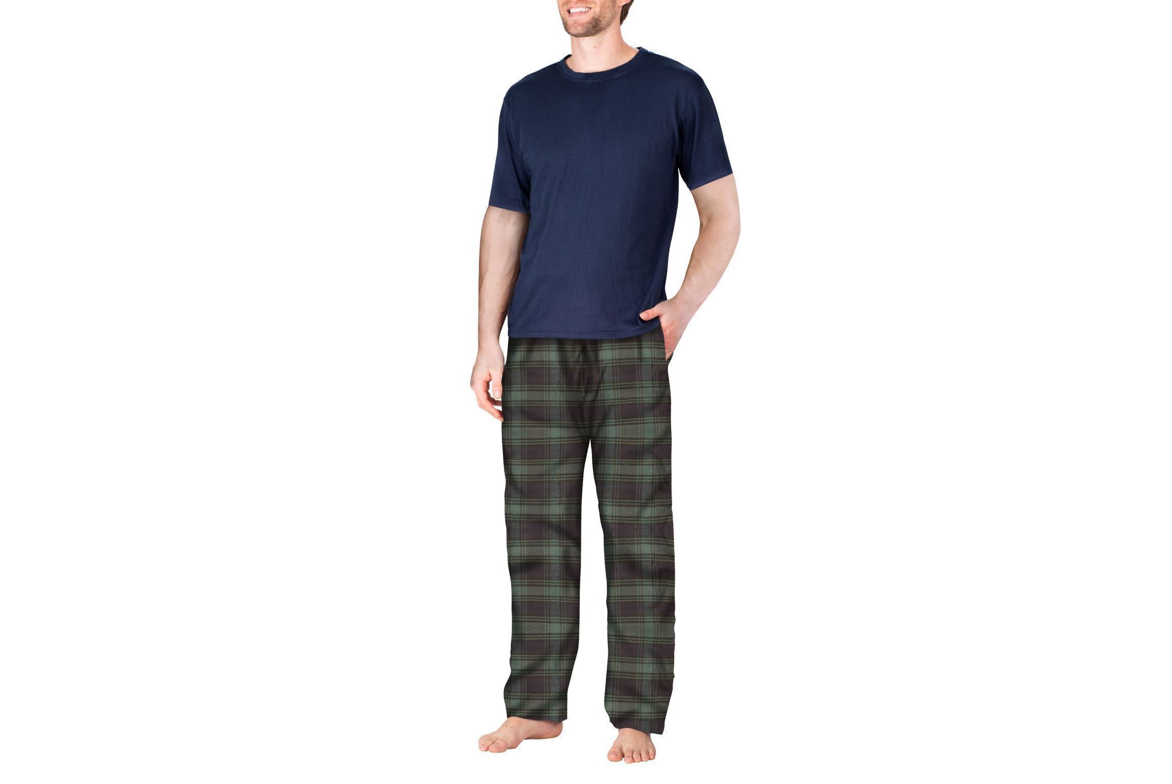 Short Sleeve Flannel Pajama Set Navy with Green and Navy Plaid