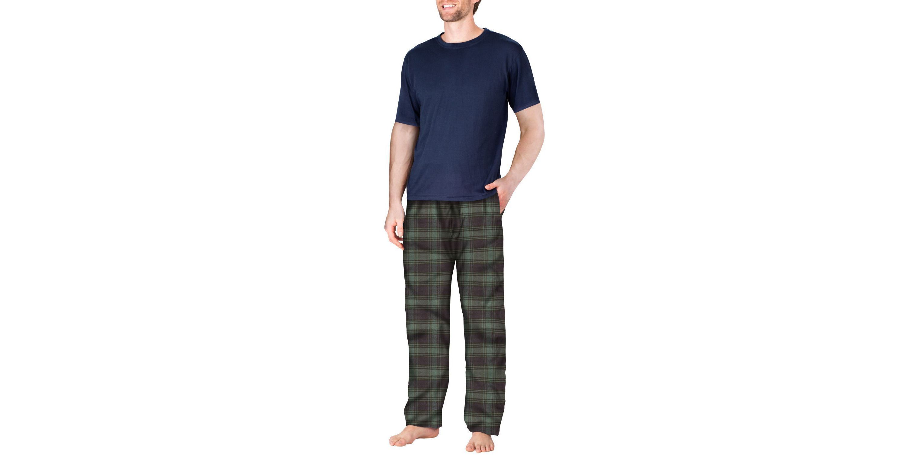 Short Sleeve Flannel Pajama Set Navy with Green and Navy Plaid