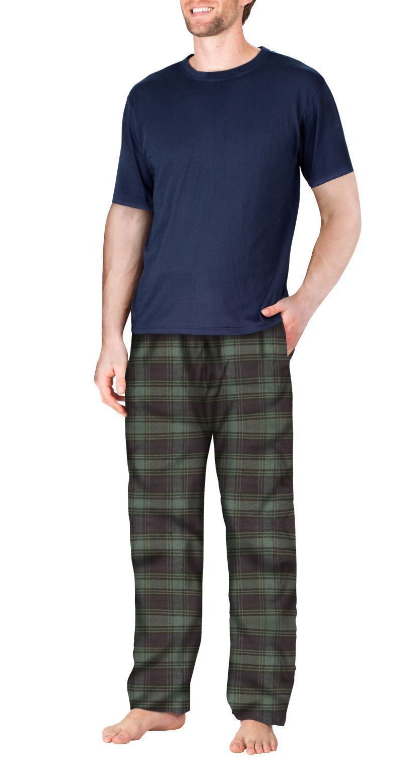 Short Sleeve Flannel Pajama Set Navy with Green and Navy Plaid