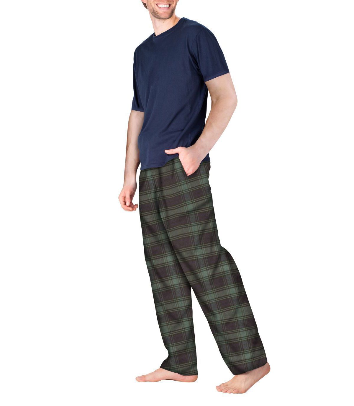 Short Sleeve Flannel Pajama Set Navy with Green and Navy Plaid