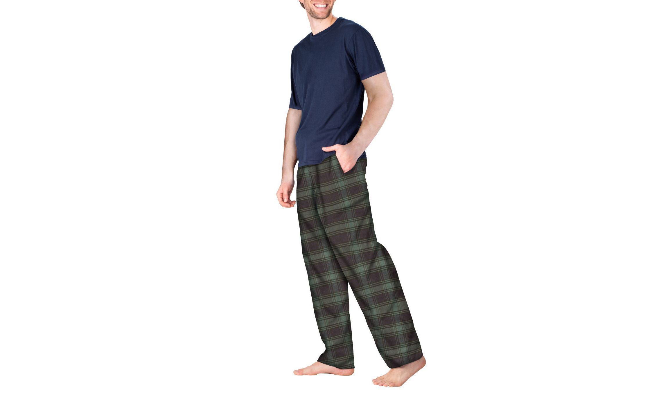 Short Sleeve Flannel Pajama Set Navy with Green and Navy Plaid
