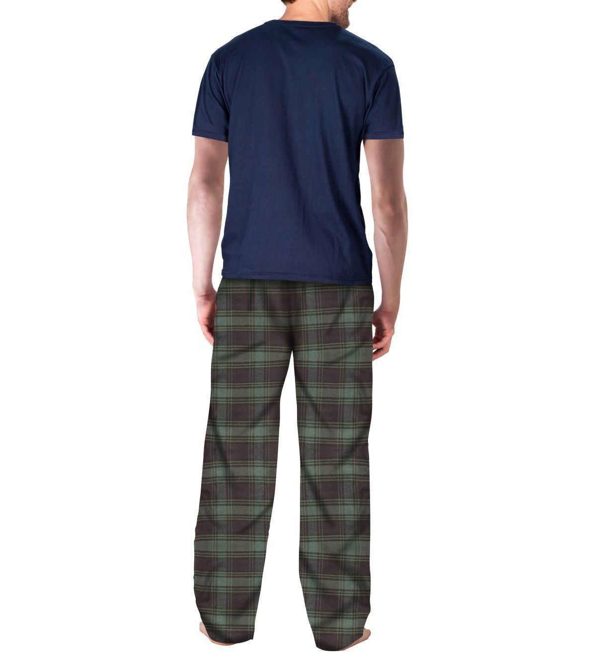 Short Sleeve Flannel Pajama Set Navy with Green and Navy Plaid