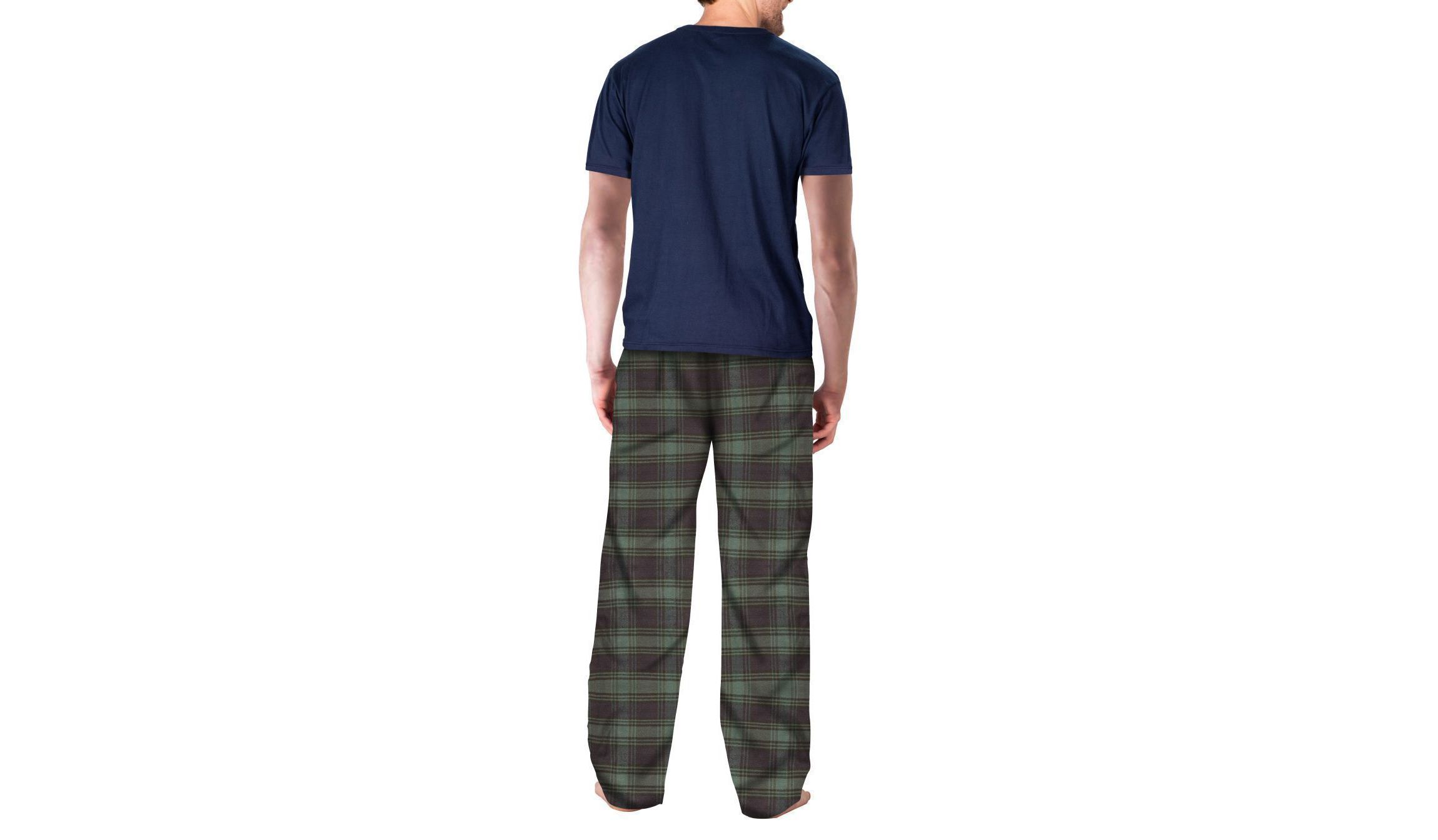 Short Sleeve Flannel Pajama Set Navy with Green and Navy Plaid