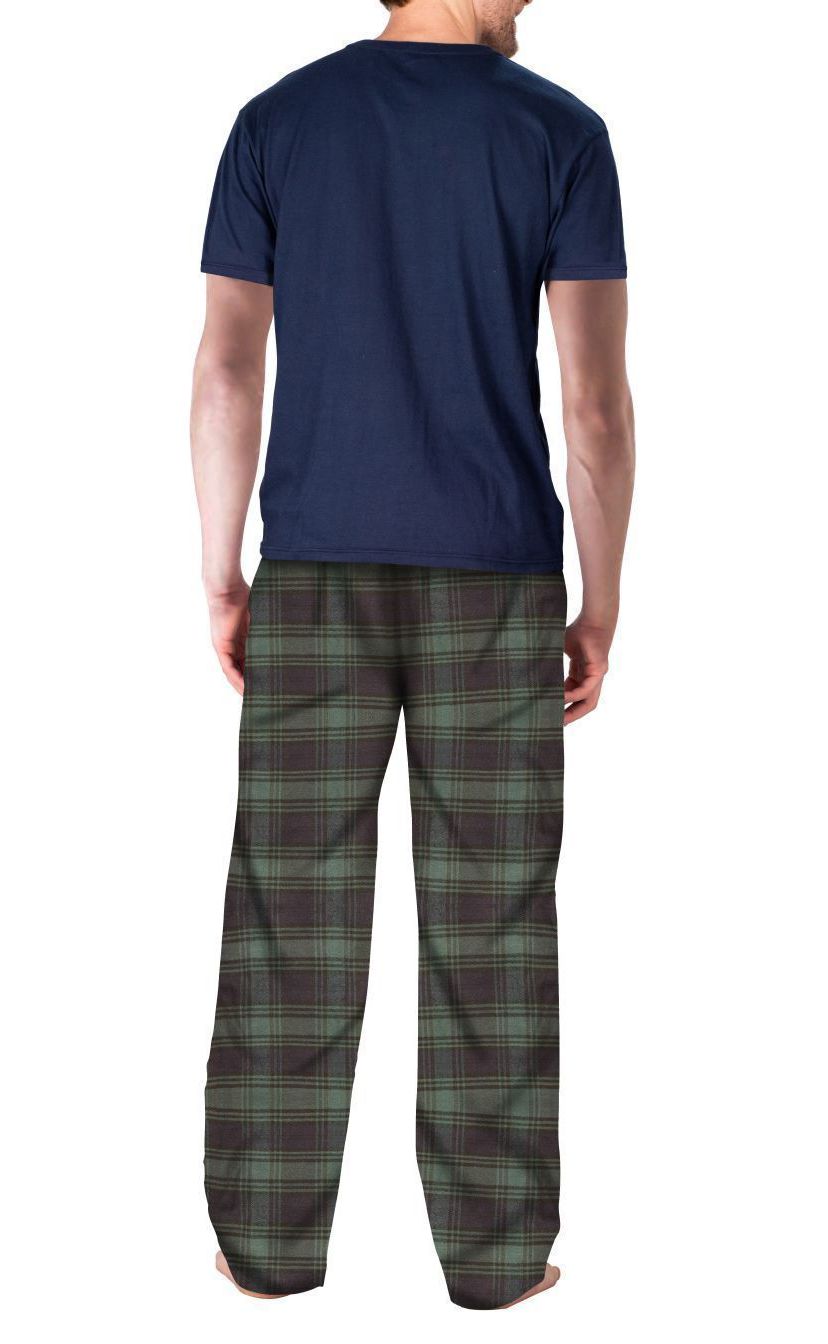 Short Sleeve Flannel Pajama Set Navy with Green and Navy Plaid