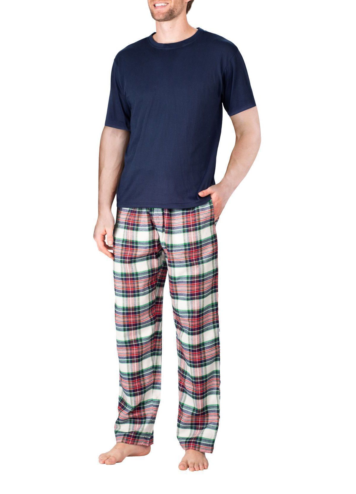 Short Sleeve Flannel Pajama Set Dark Navy Tartan Plaid