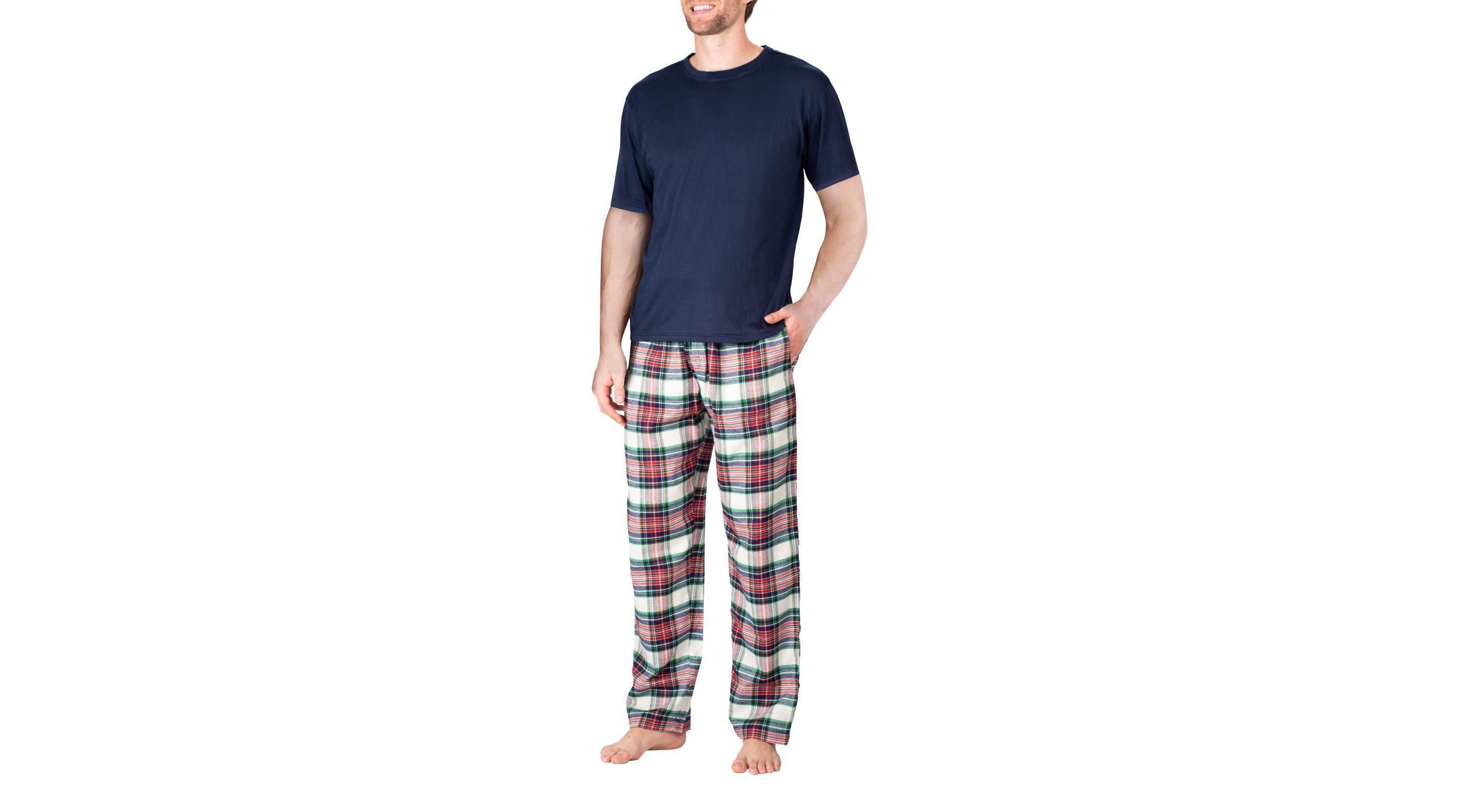 Short Sleeve Flannel Pajama Set Dark Navy Tartan Plaid