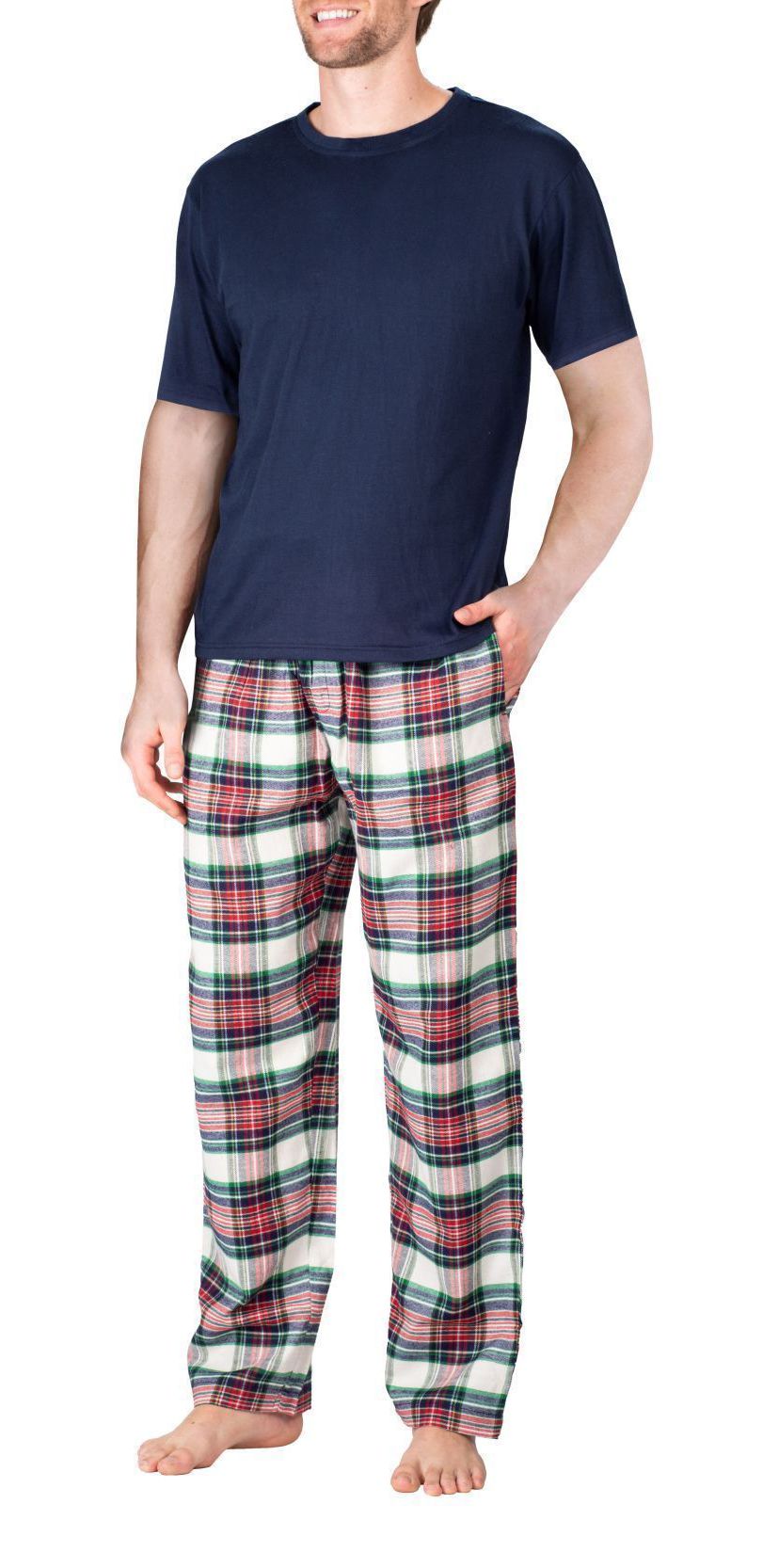 Short Sleeve Flannel Pajama Set Dark Navy Tartan Plaid