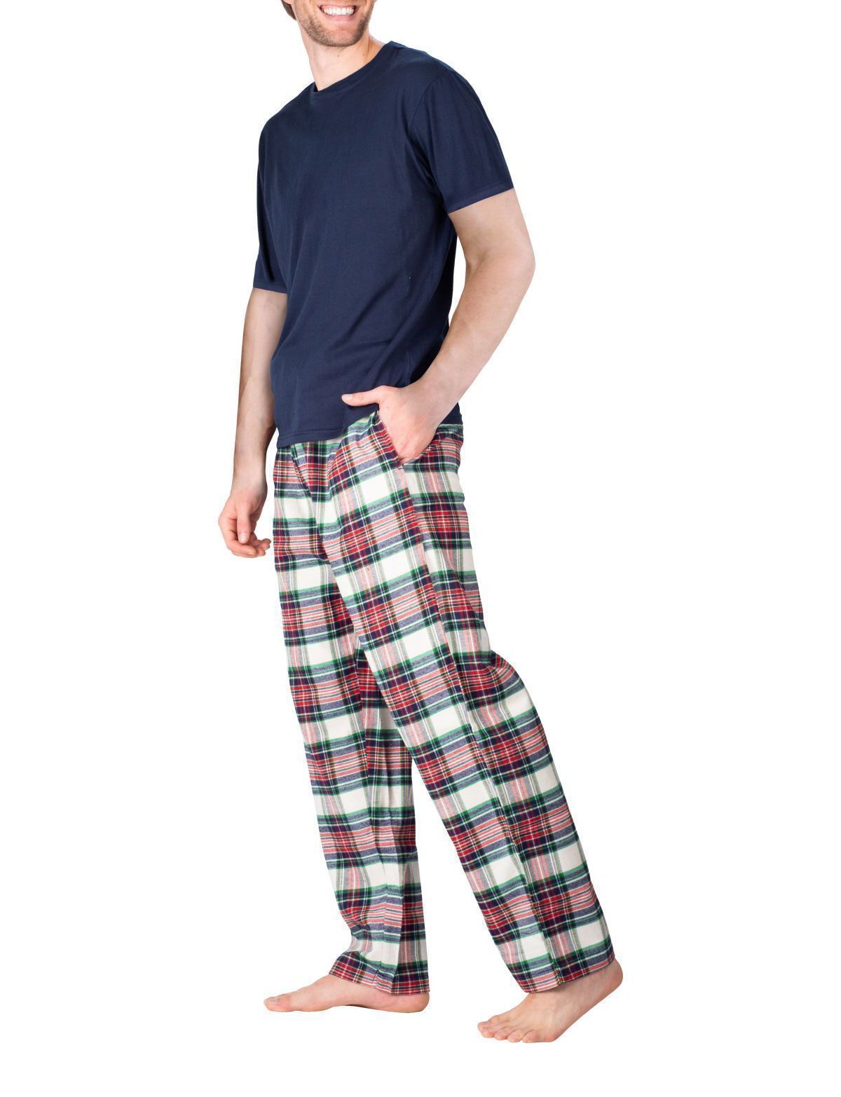 Short Sleeve Flannel Pajama Set Dark Navy Tartan Plaid