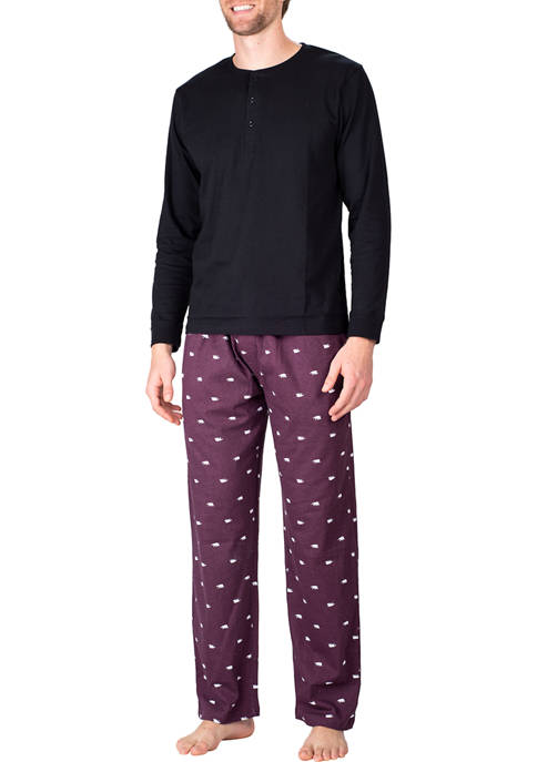Mens Knit Pajama Set - Black with Polar Explorer