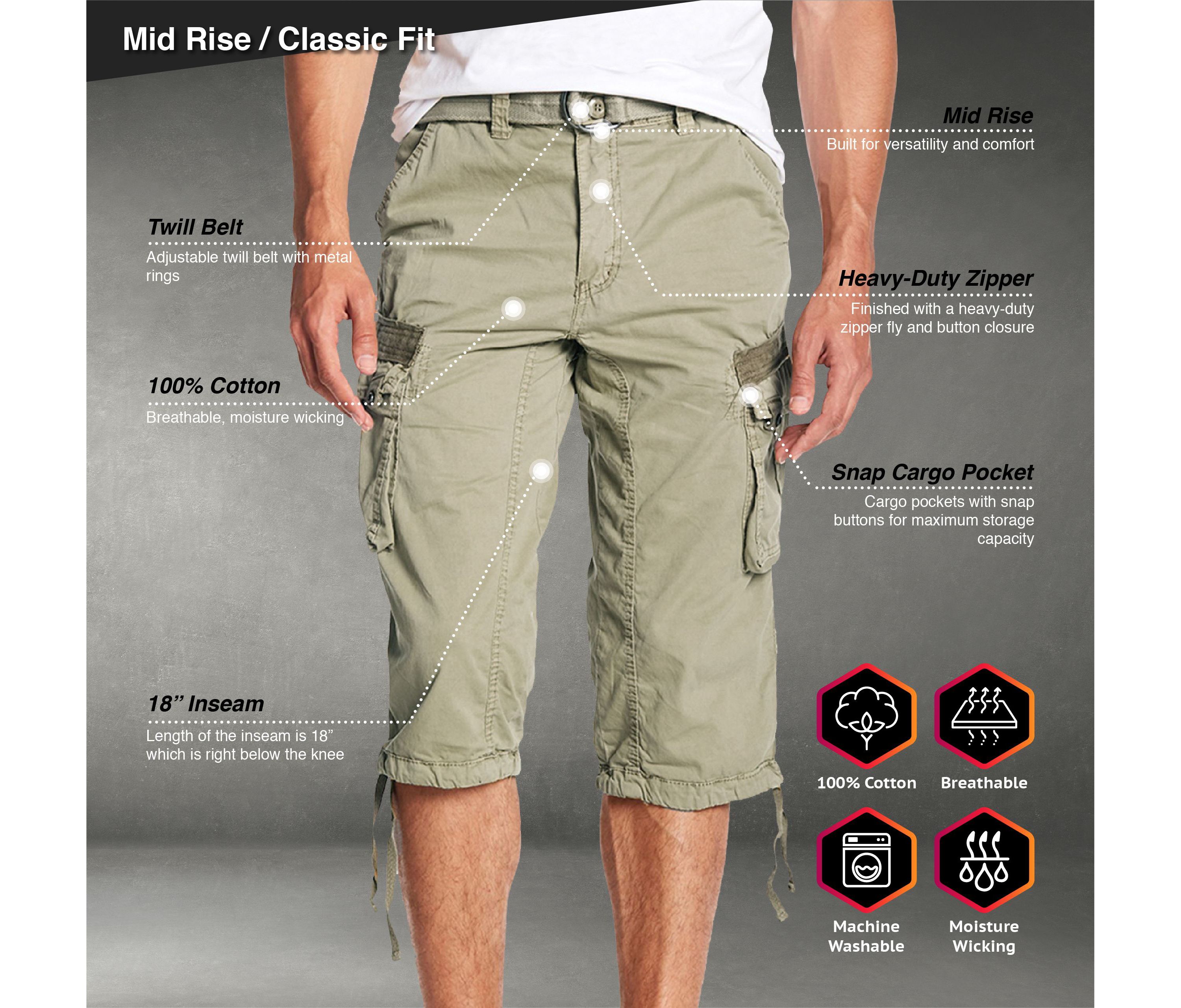 Mens Belted 18" Inseam Below Knee Cargo Long Shorts