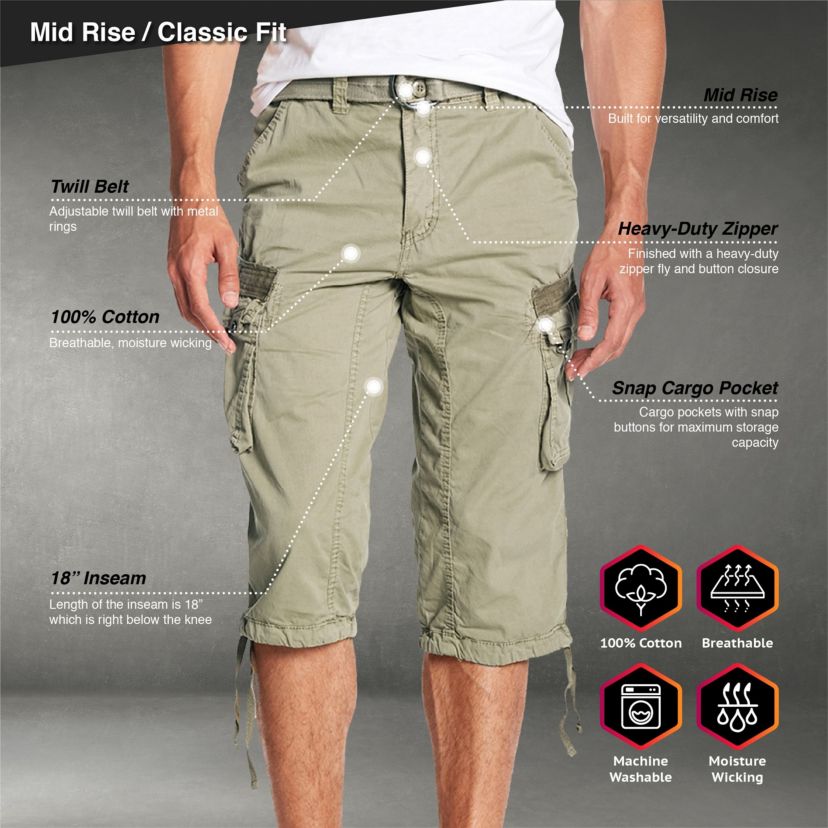 Mens Belted 18" Inseam Below Knee Long Cargo Shorts