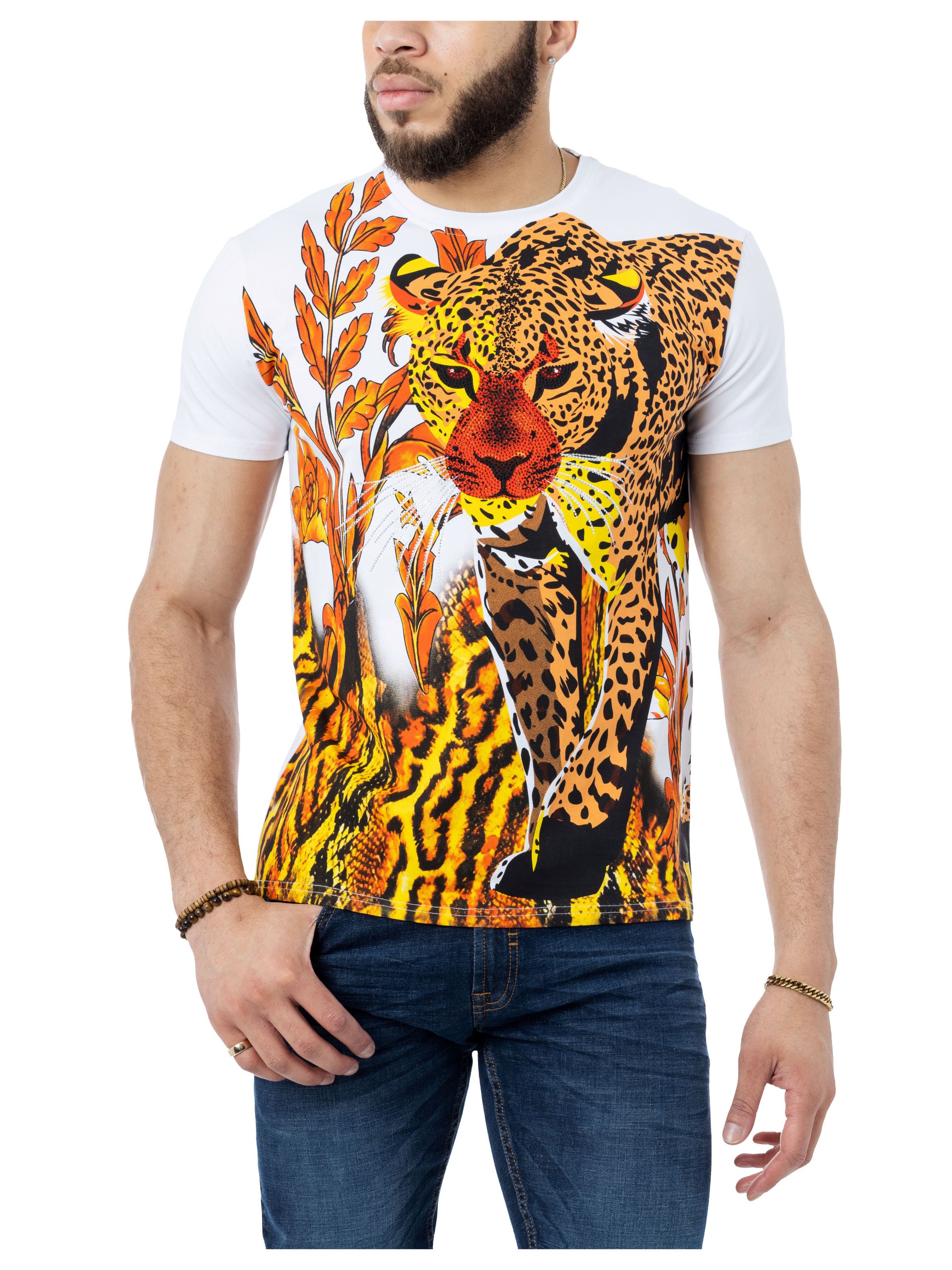 HEADS OR TAILS Mens Leopard Print Rhinestone T-Shirt