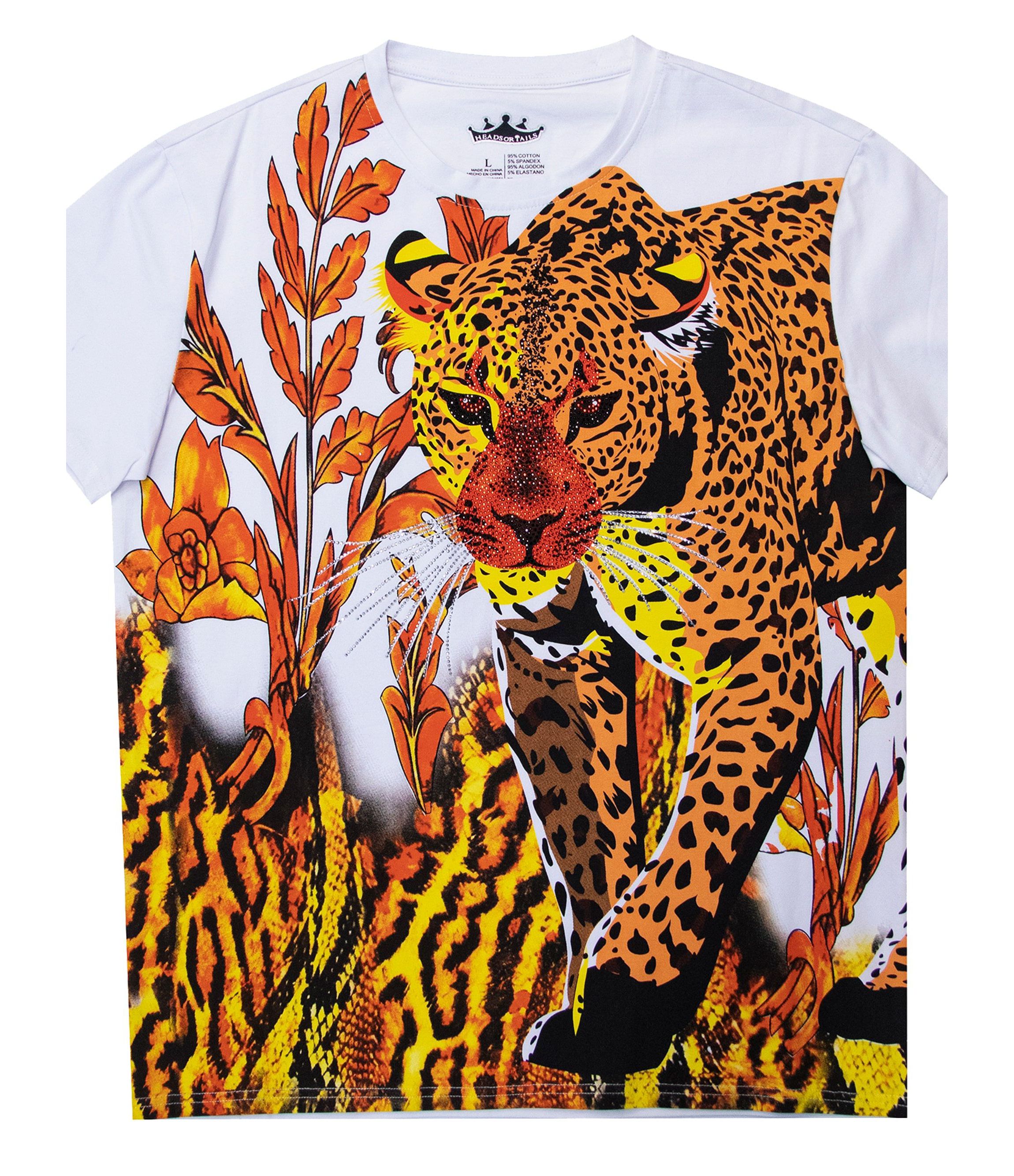 HEADS OR TAILS Mens Leopard Print Rhinestone T-Shirt