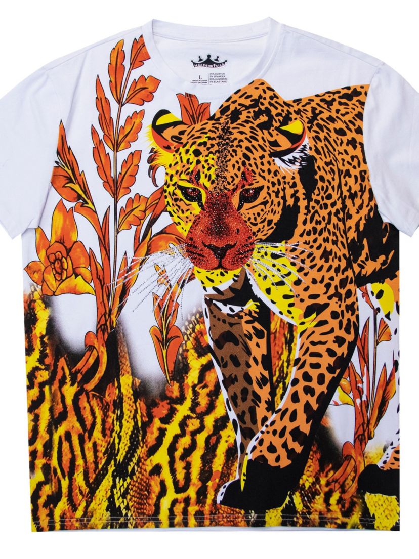 HEADS OR TAILS Mens Leopard Print Rhinestone T-Shirt