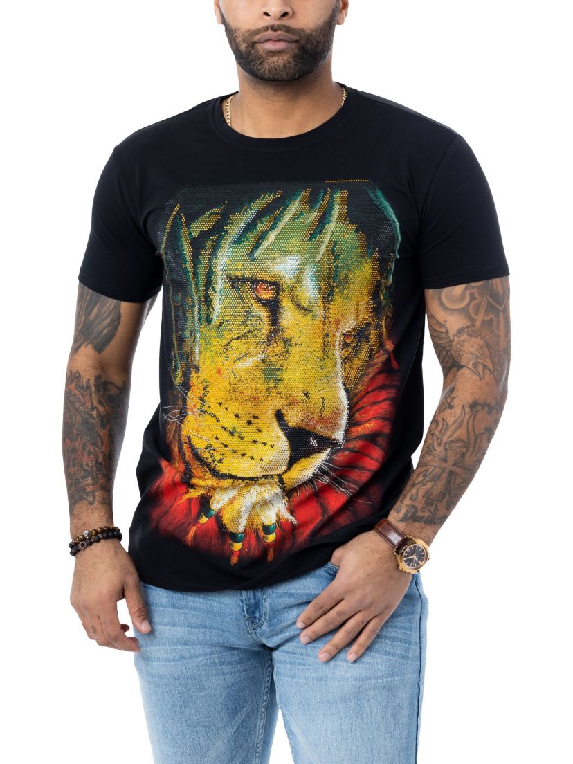 HEADS OR TAILS Mens Rhasta Lion Rhinestone T-Shirt