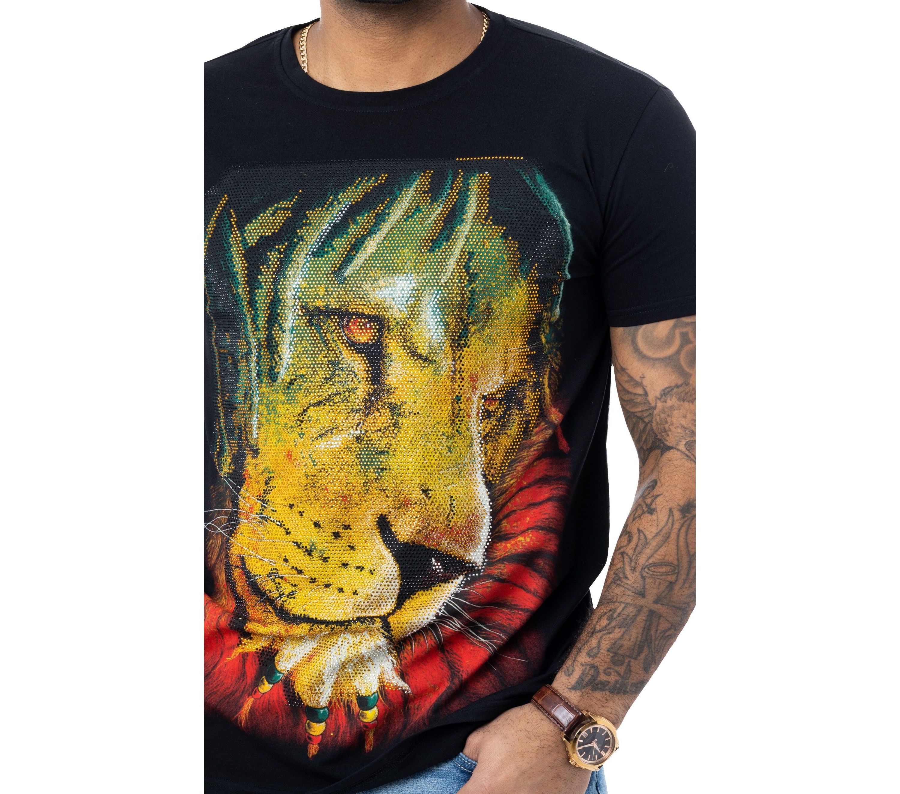 HEADS OR TAILS Mens Rhasta Lion Rhinestone T-Shirt