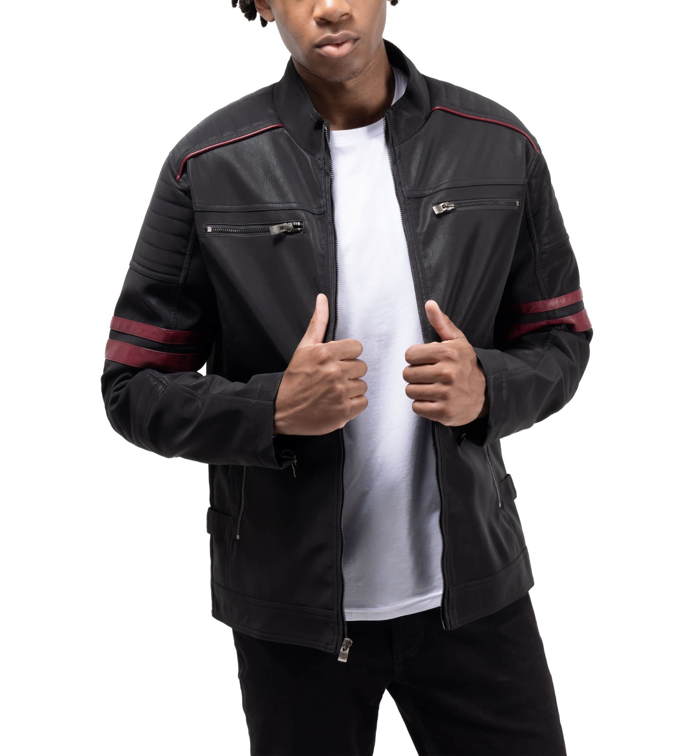 Mens PU Jacket With Faux Shearling Lining And Moto Stitch On Sleeves And Back