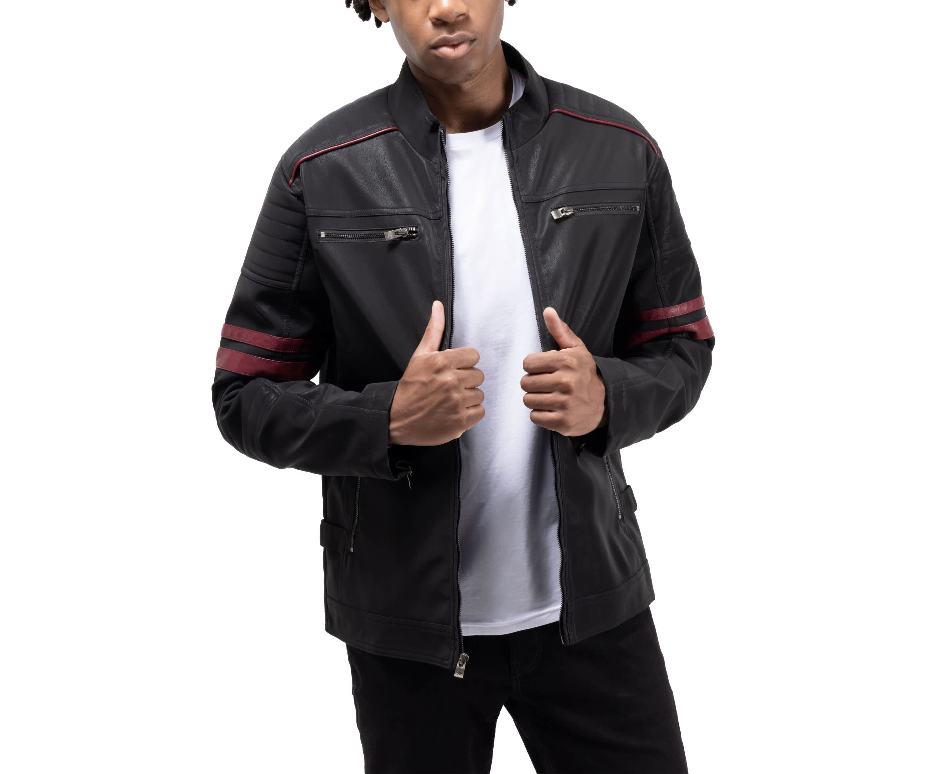 Mens PU Jacket With Faux Shearling Lining And Moto Stitch On Sleeves And Back