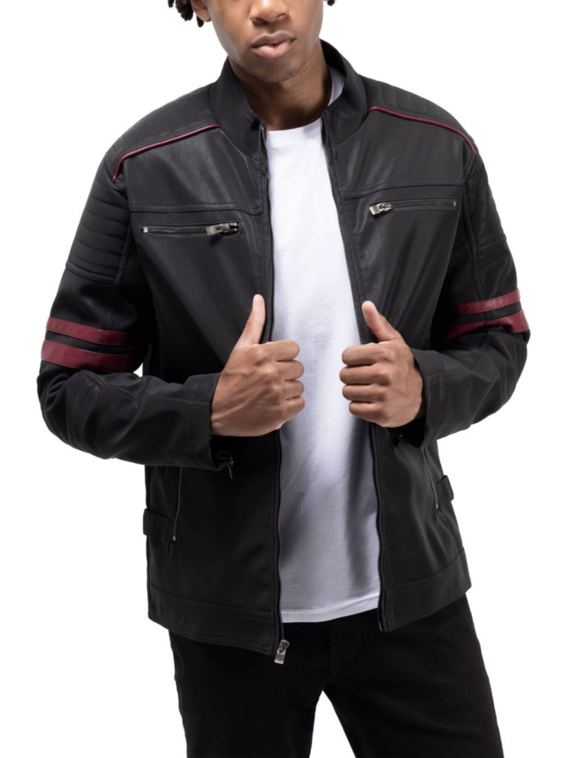 Mens PU Jacket With Faux Shearling Lining And Moto Stitch On Sleeves And Back