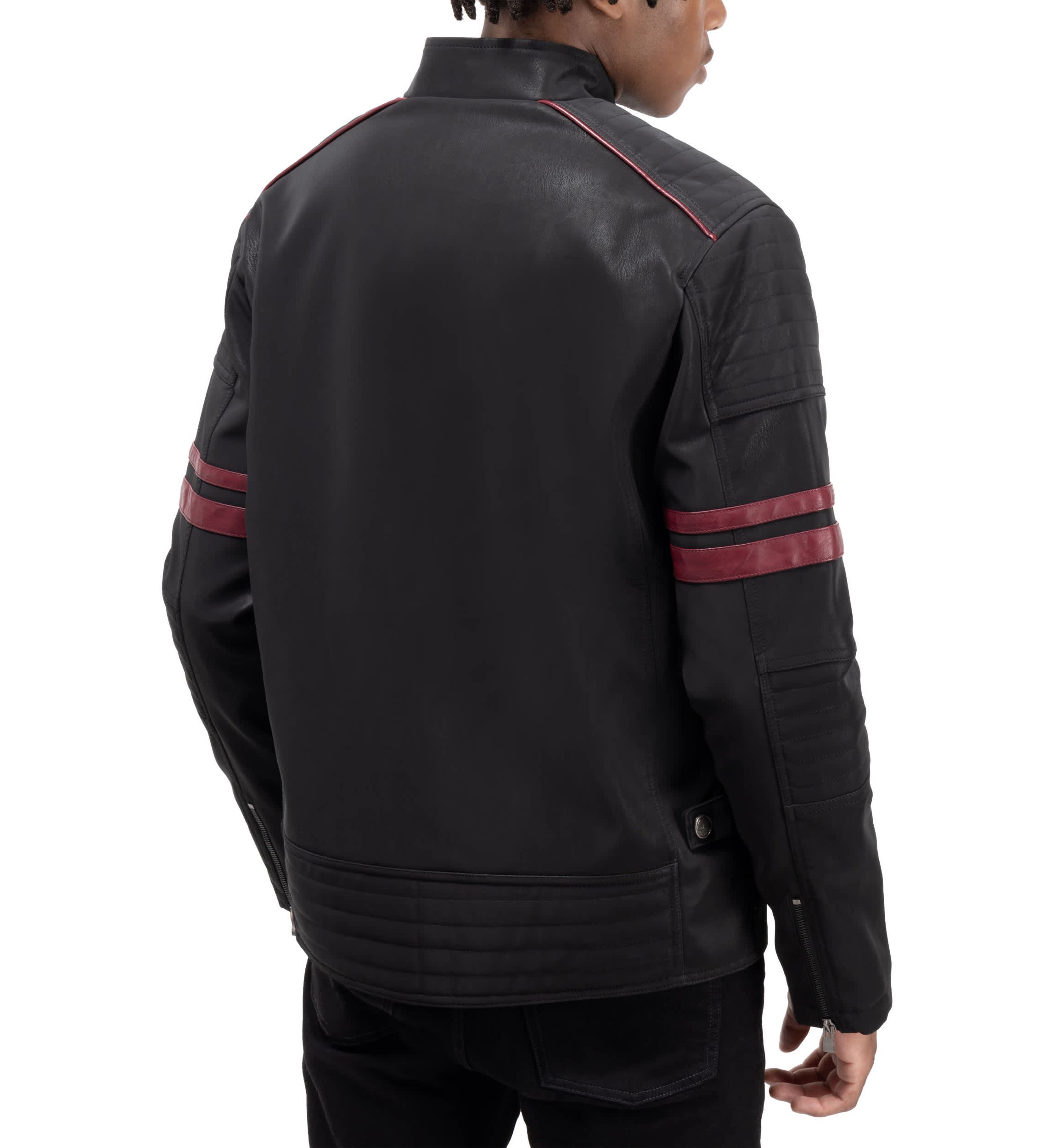 Mens PU Jacket With Faux Shearling Lining And Moto Stitch On Sleeves And Back