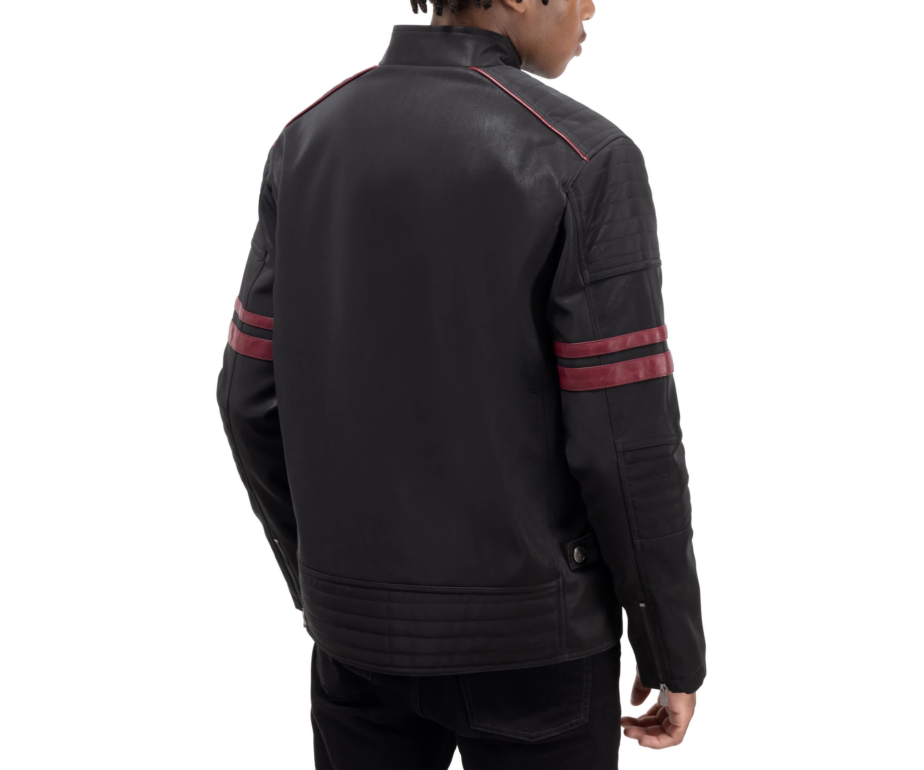 Mens PU Jacket With Faux Shearling Lining And Moto Stitch On Sleeves And Back