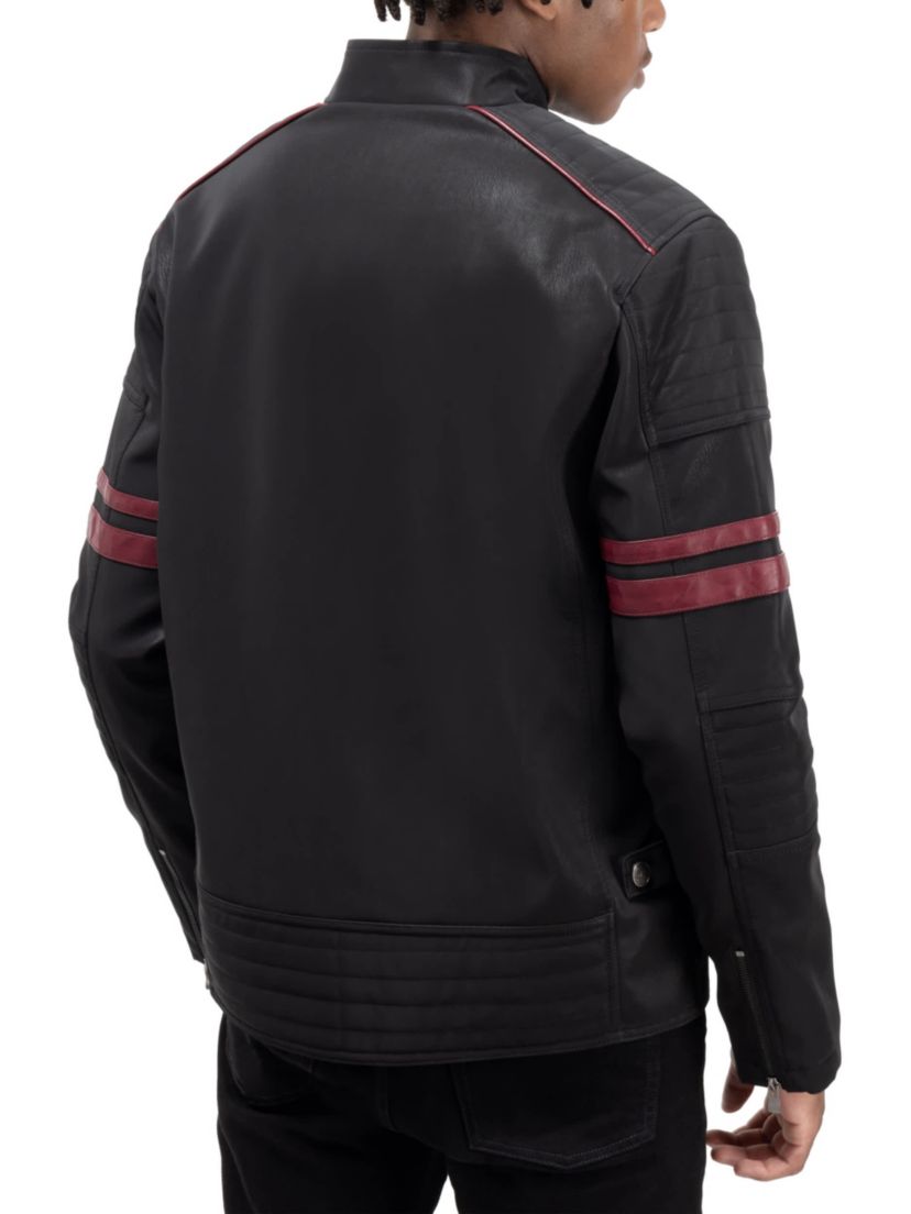 Mens PU Jacket With Faux Shearling Lining And Moto Stitch On Sleeves And Back