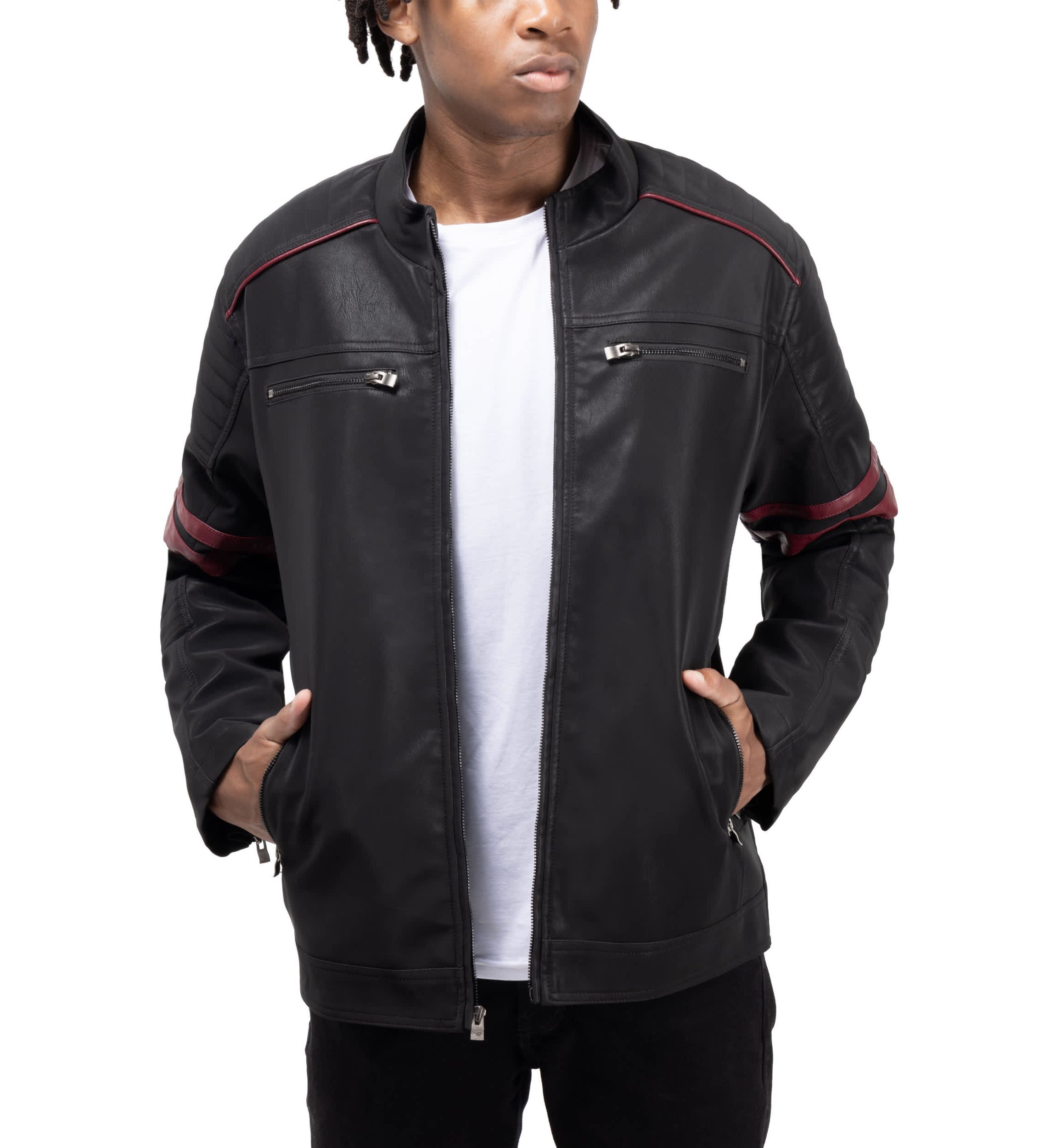 Mens PU Jacket With Faux Shearling Lining And Moto Stitch On Sleeves And Back
