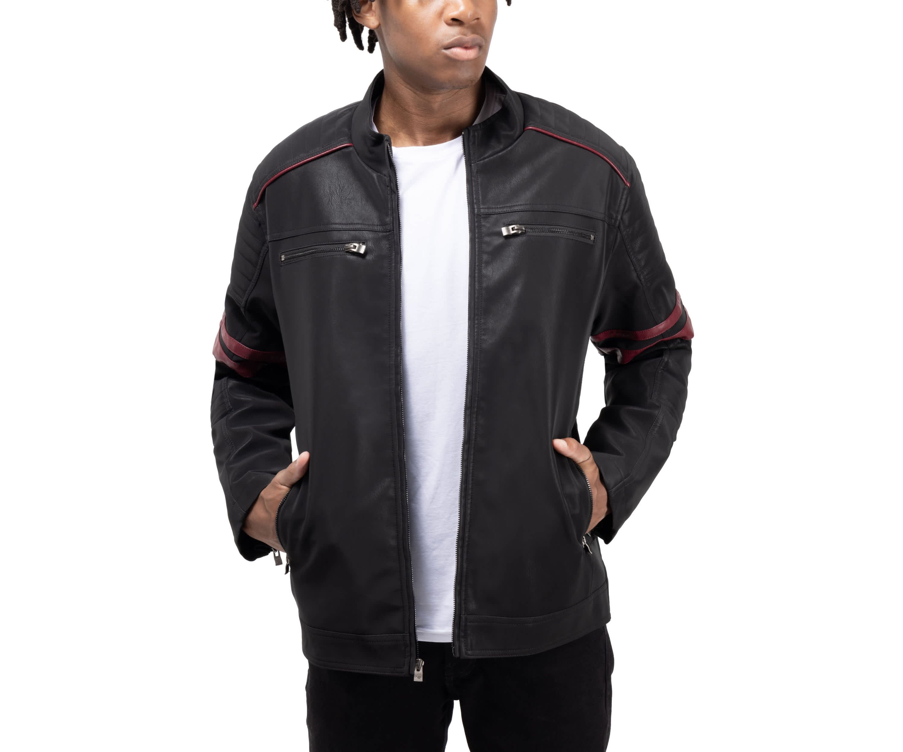 Mens PU Jacket With Faux Shearling Lining And Moto Stitch On Sleeves And Back